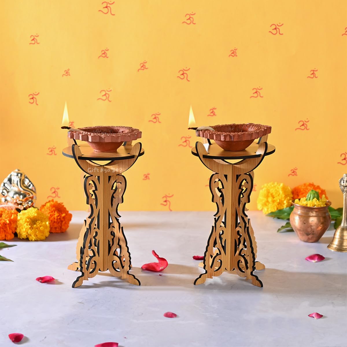 GKD Diya Stand Wooden Traditional Deepam Stand Hand Crafted Diya Set for Pooja Decoration Items Also Candle and Lanterns Home De