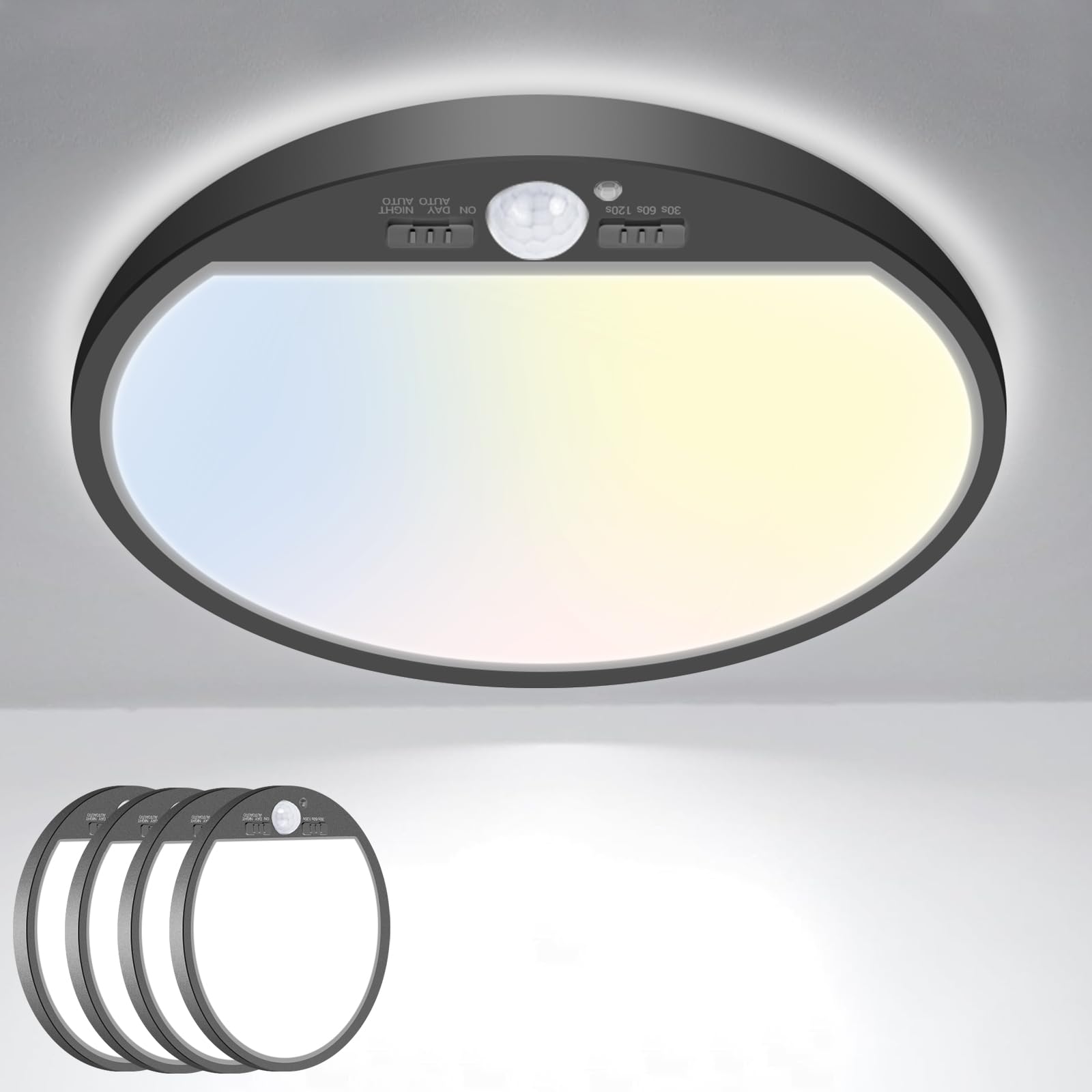 slochi 4Pack Motion Sensor Light Indoor Wired  12 Inch 3000K/4000K/6500K Closet Lights Motion Sensored  24W 2400LM Flush Mount Ceiling Light for Hallway Pantry Stairwell Porch  Black
