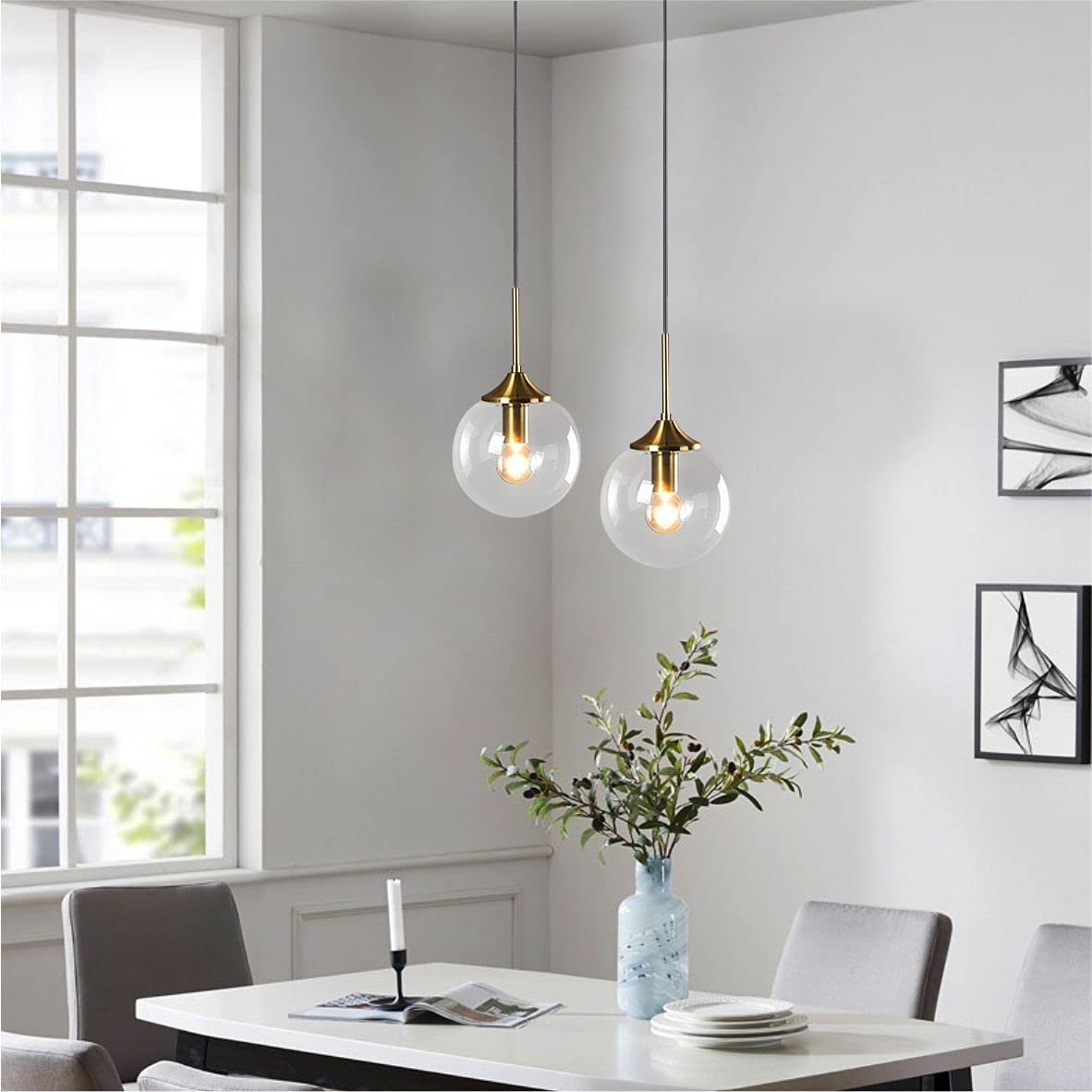 KCO Lighting Clear Glass Globe Pendant Light Fixture, 1-Light Mid Century Modern for Bedroom, Kitchen, Living Room