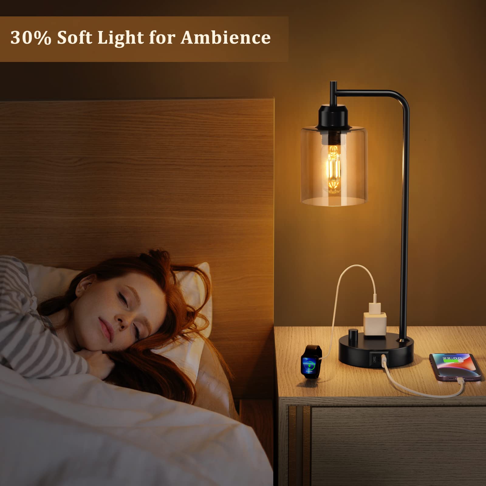 Industrial Bedside Desk Lamps For Bedroom - Grey Smoked Glass Shade Table Lamp With Usb C Port, Fully Dimmable Small Lamps With