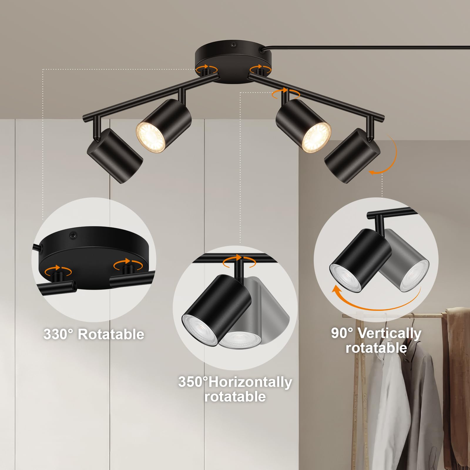 AUQUEE LED Track Lighting Fixtures - Black 4-Light Kit, Metal, Plug-in with 14.8ft Cord, Rotatable Ceiling Spotlight, Model C0105