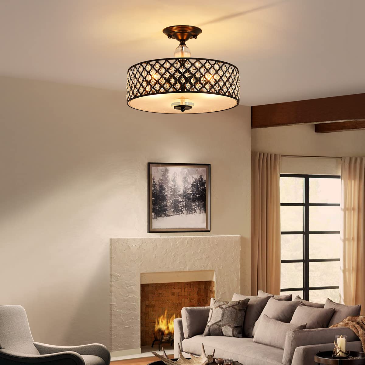 Saint Mossi Semi Flush Mount Ceiling Chandelier  Modern K9 Crystal Ceiling Light Fixture For Dining Room  Livingroom  Bedroom  H11 X D15.4  Matte Black Finish