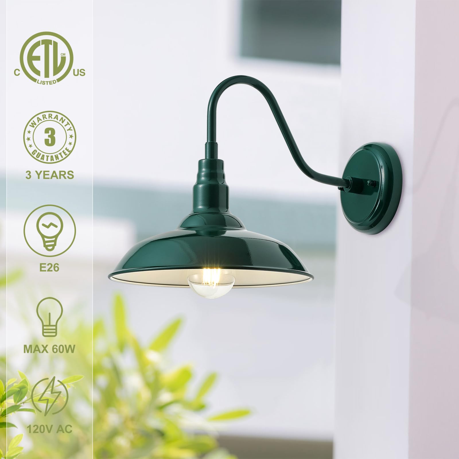 GOALPLUS 10" Dome Gooseneck Barn Light Fixture - Green Metal Outdoor Sconce for Porch, Yard, Garage, Model LM2201-GR