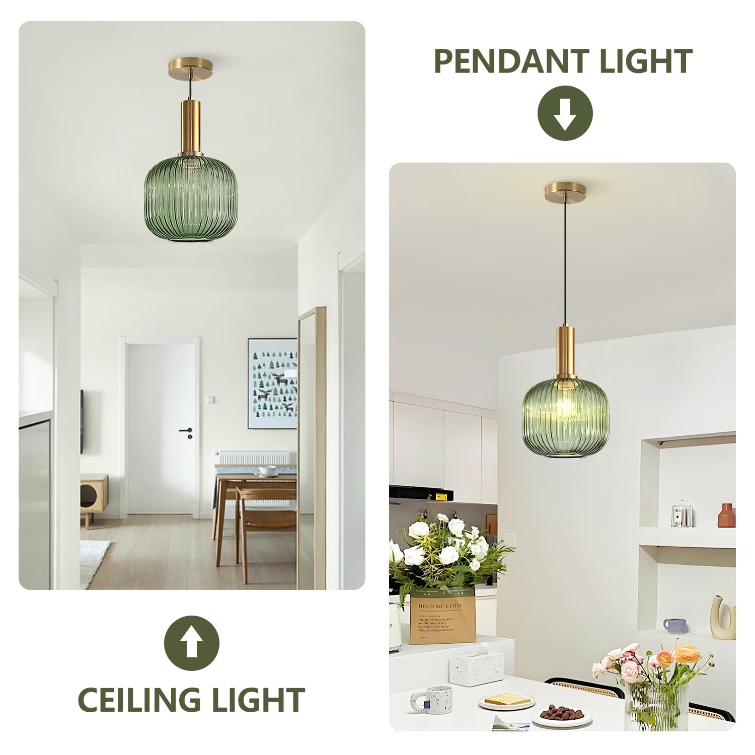 KCO Vintage Green Glass Pendant Light - Ribbed Globe Fixture, 20cm, Brass Gold, Model L1162-G