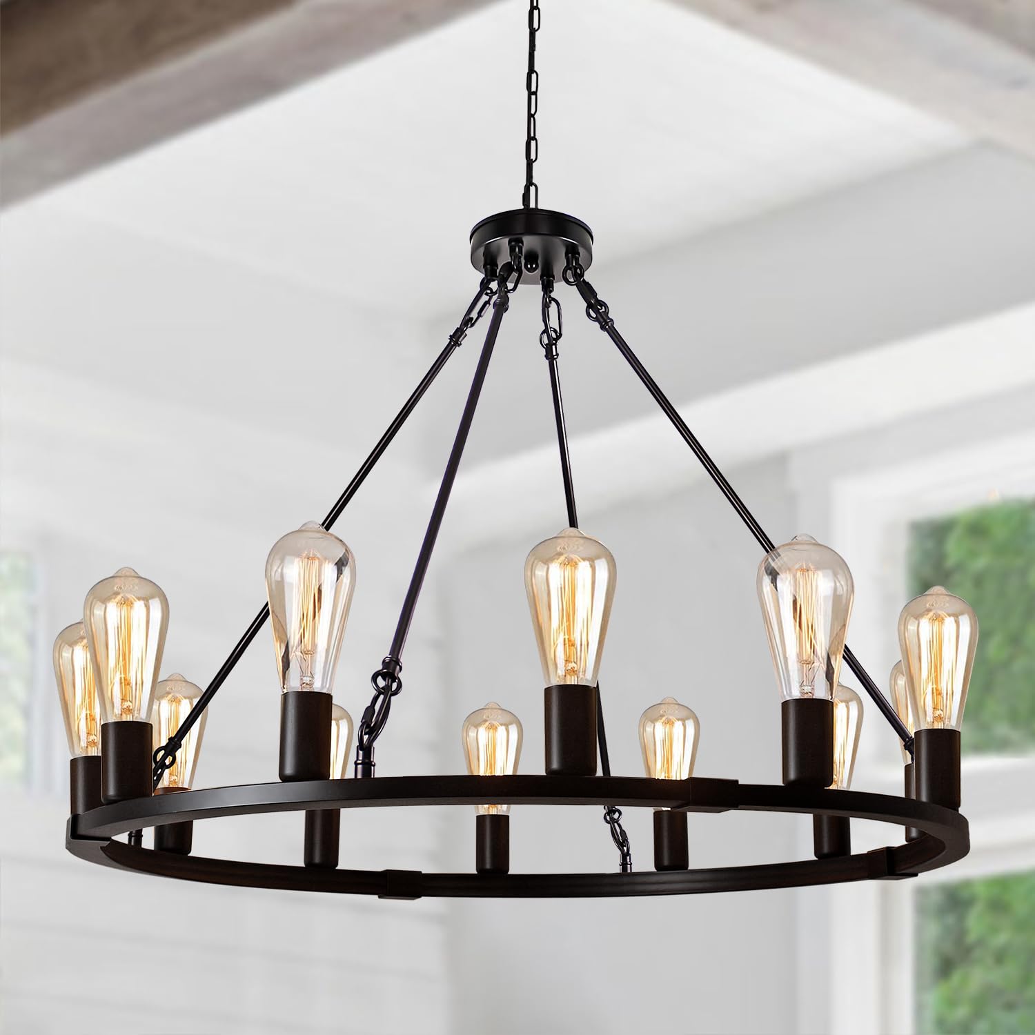Rviezza 31.5" 12 Lights Wagon Wheel Chandelier, Black Round Rustic Industrial Vintage Farmhouse Chandeliers For Dining Room Foyer Living Room Kitchen Island