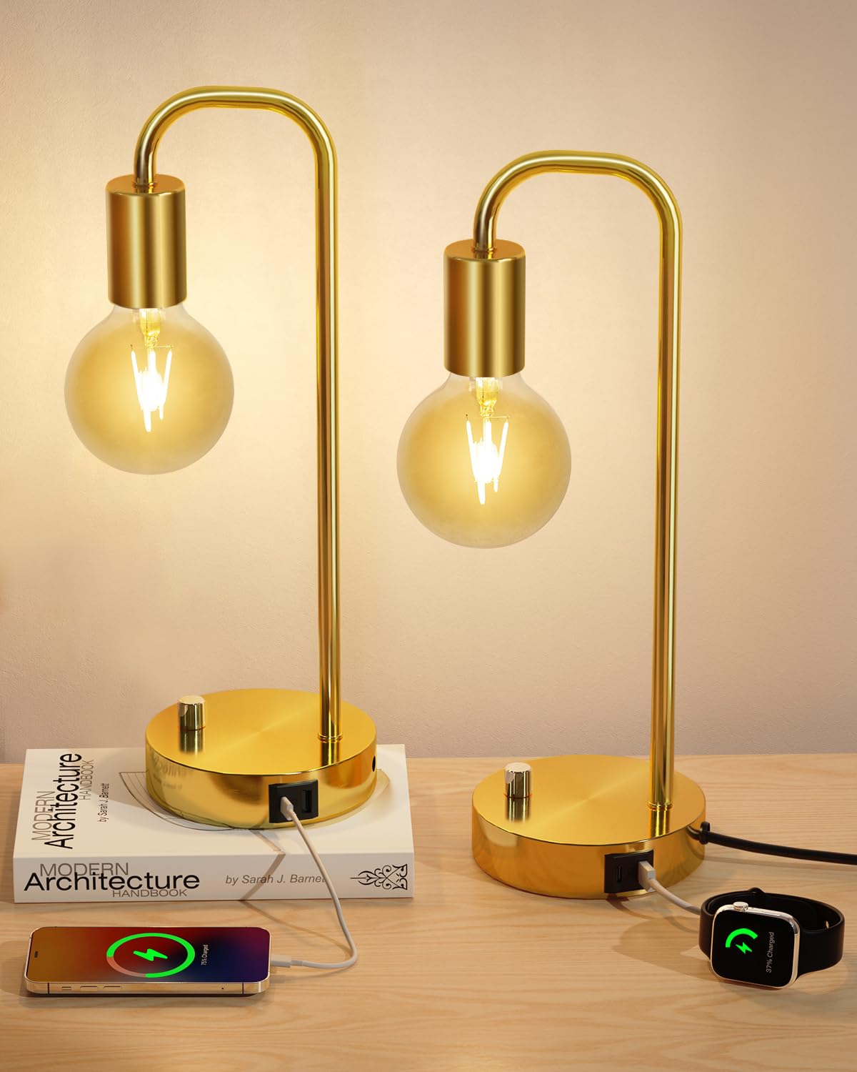 ONEWISH Industrial Table Lamp Set of 2 with USB A&C Charging Port, Stepless Dimmable Nightstand Bedside Lamps for Bedroom,Desk L