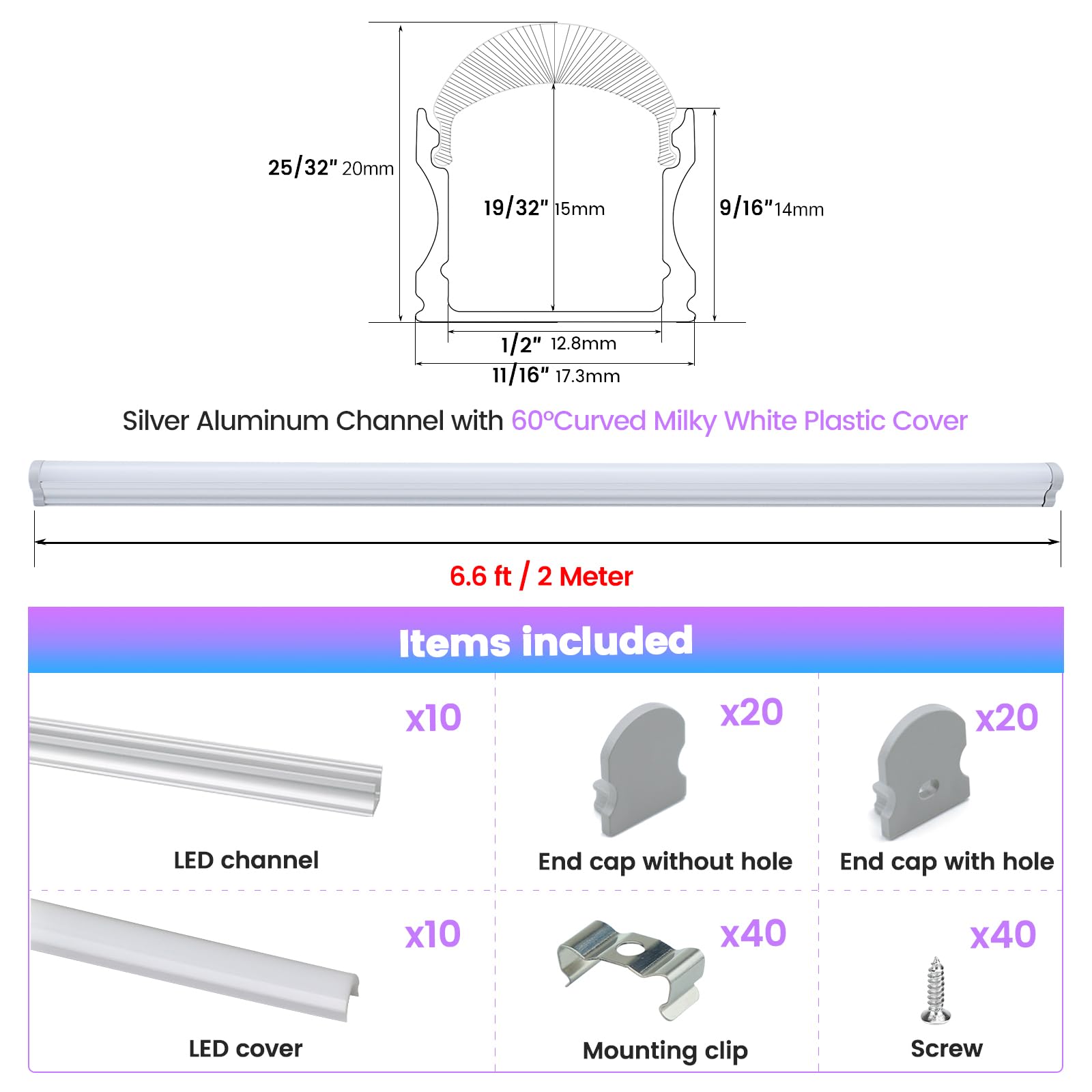 Muzata LED Channel Diffuser U108 - 10Pack 6.6FT Silver, Thicker Milky White Cover, No Hot Spots
