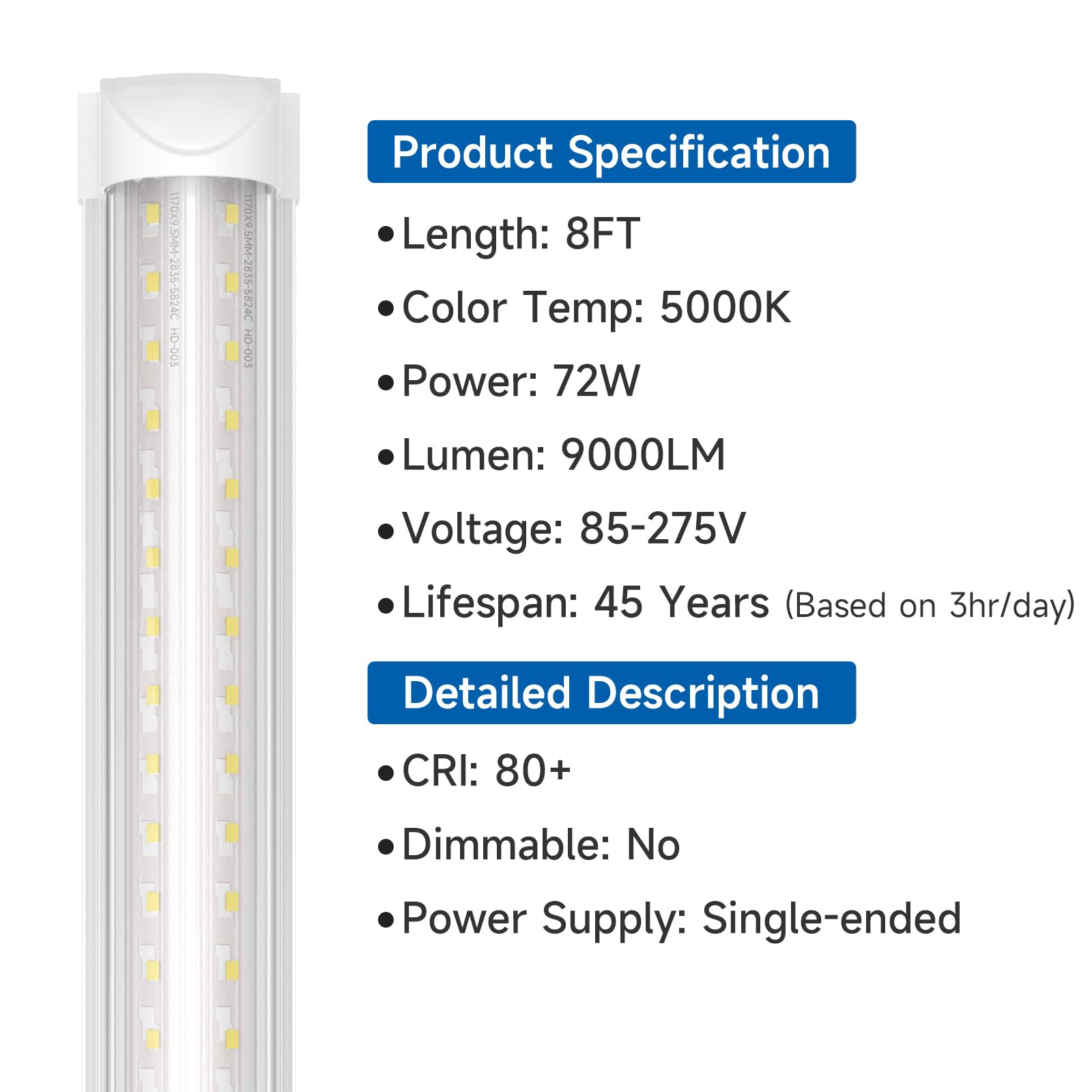Shinestar 12-Pack 8Ft Led Shop Light Fixture, 72W 9000Lm 5000K Daylight, Linkable T8 Tube Lights For Garage, Workshop, Basement, Plug-And-Play Installation