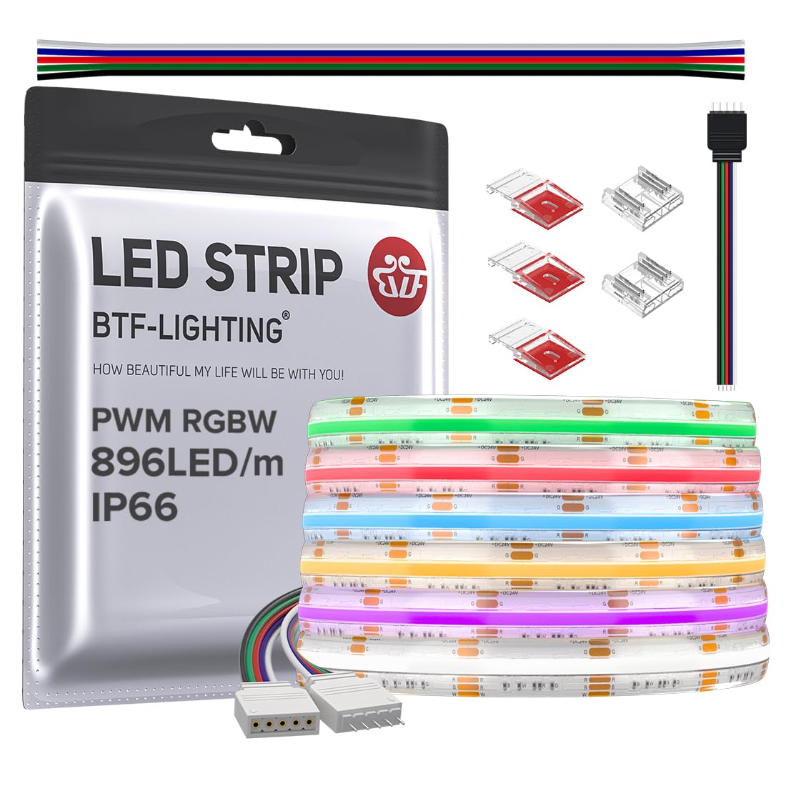BTF-LIGHTING FCOB IP66 RGBW 6000K COB LED Strip 16.4FT DC24V Color Changing Flexible High Density Multicolor Light 12mm Width fo