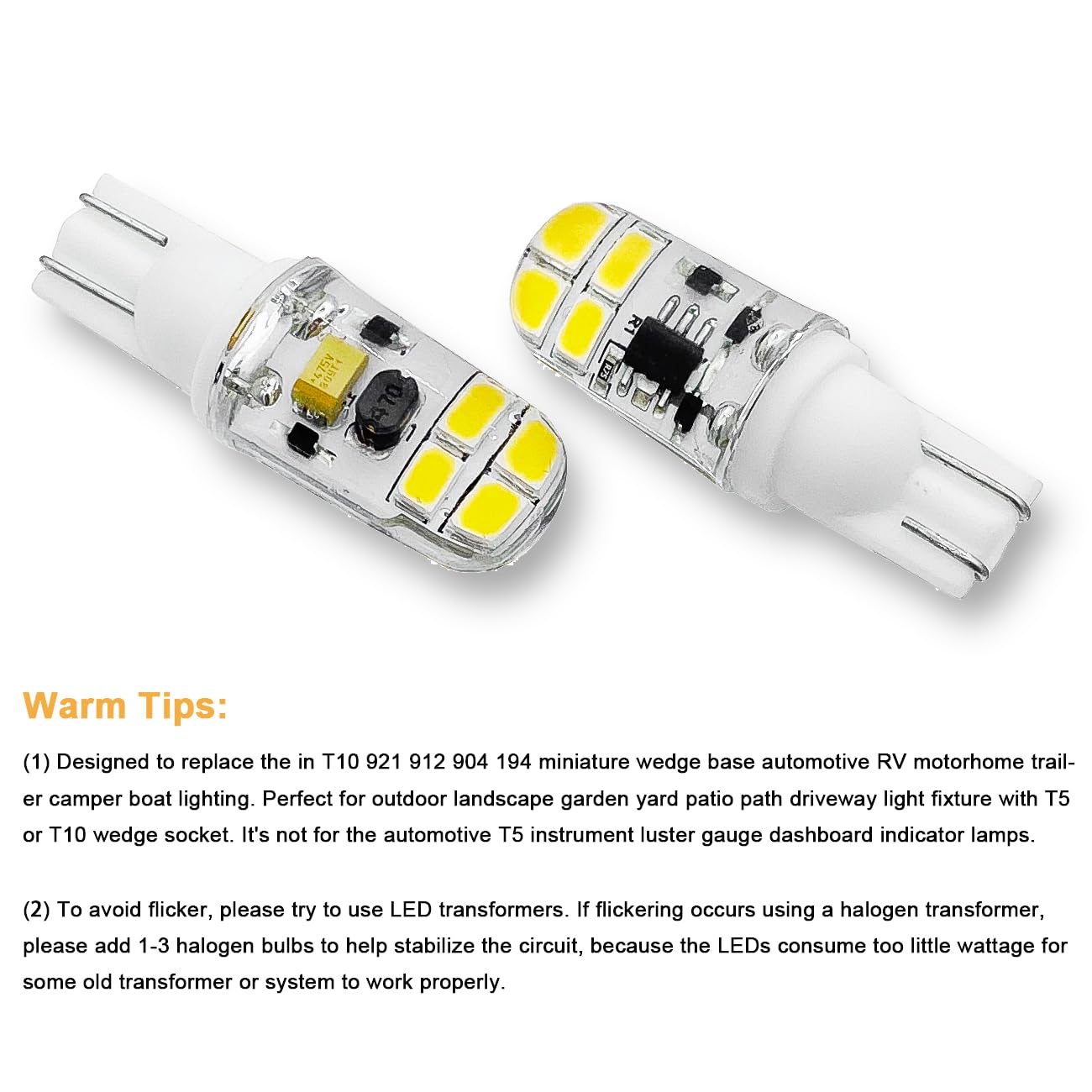KAKEMONO 2W LED Bulb 10 Pack for 12V 24V Landscape Path Light, 6000K Daylight White, T5 T10 Wedge Base, RV