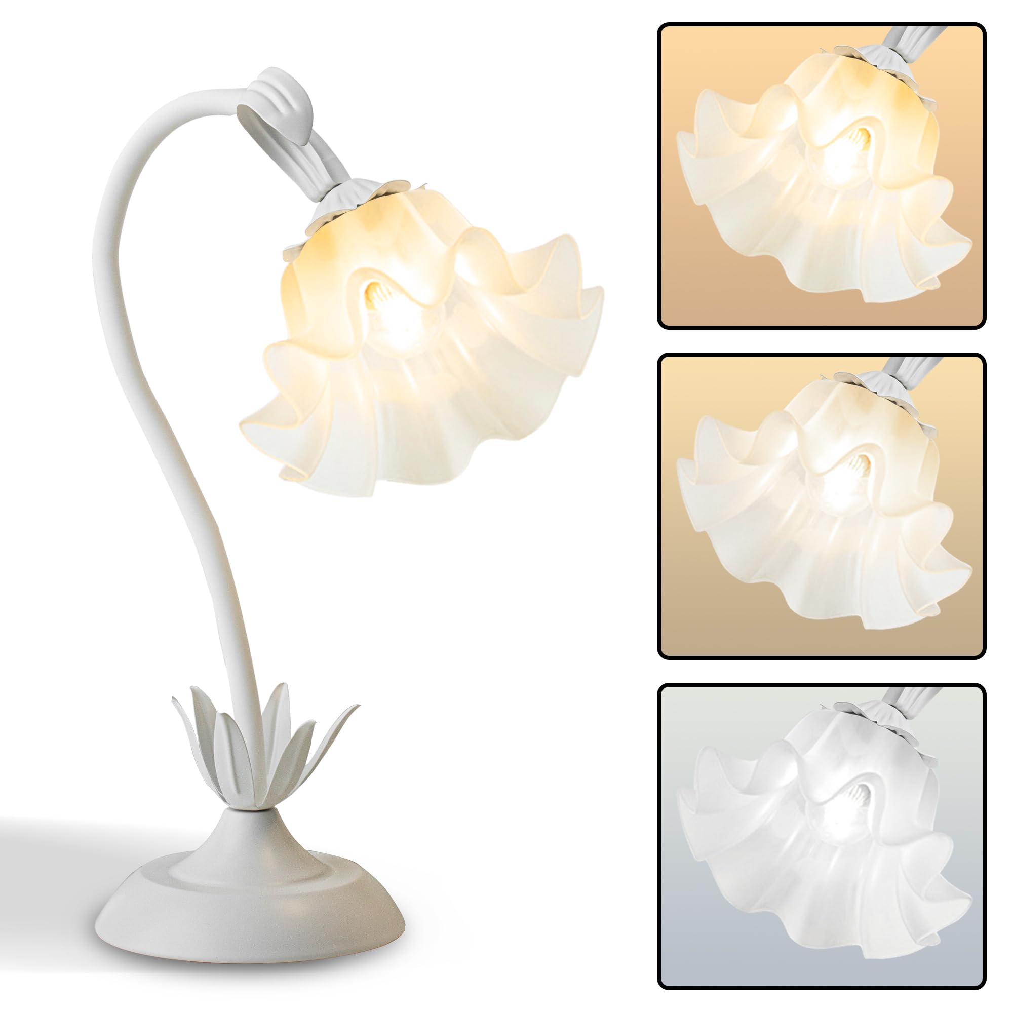 WULCFCH Flower Table Lamp, Vintage Lily of The Valley, Adjustable Gooseneck, LED, 3 Color Modes, White