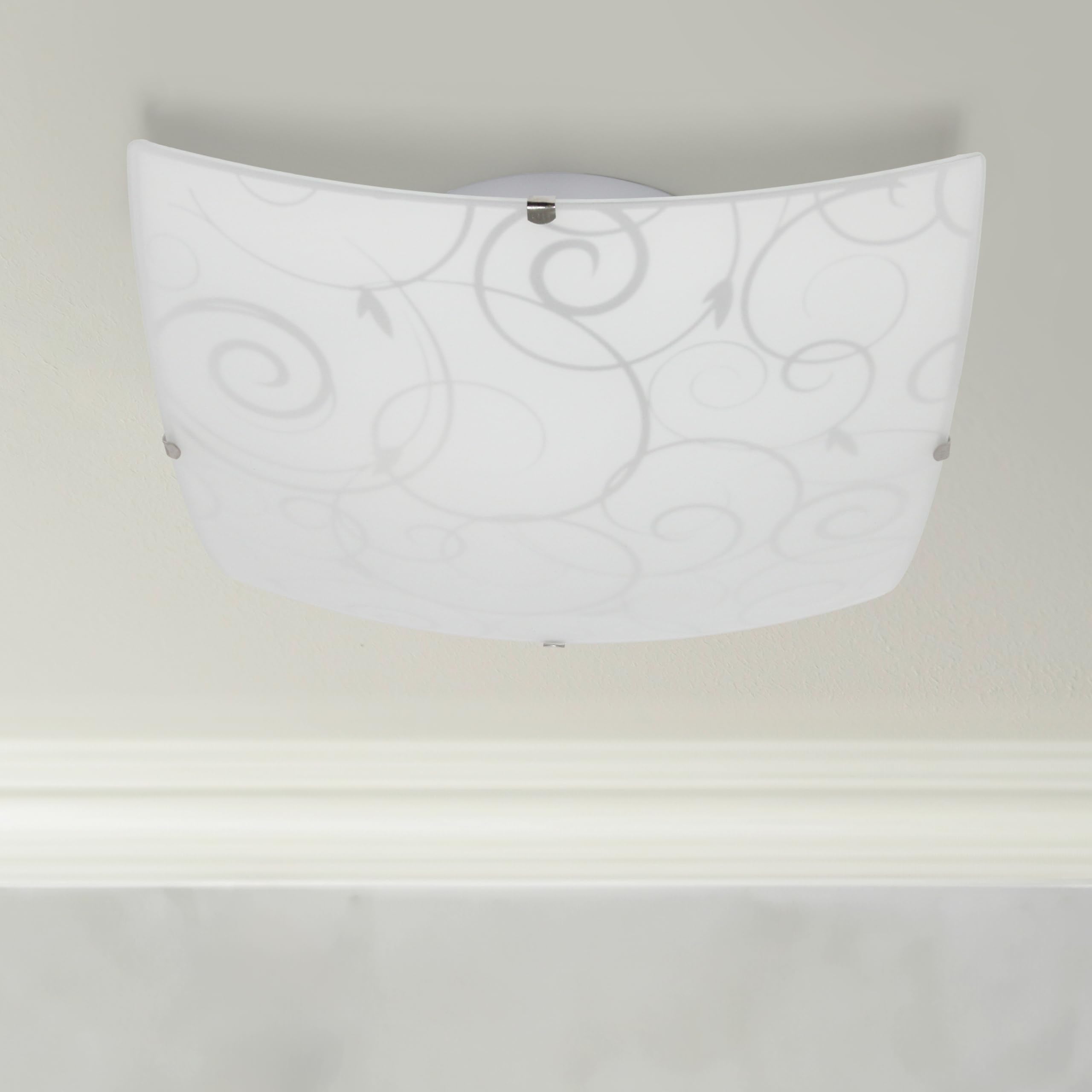 Simple Designs Fm3001-Wht Square Flushmount Ceiling Light, White Glass, 9.87X9.87X3.25 Inches, Scroll Swirl Design