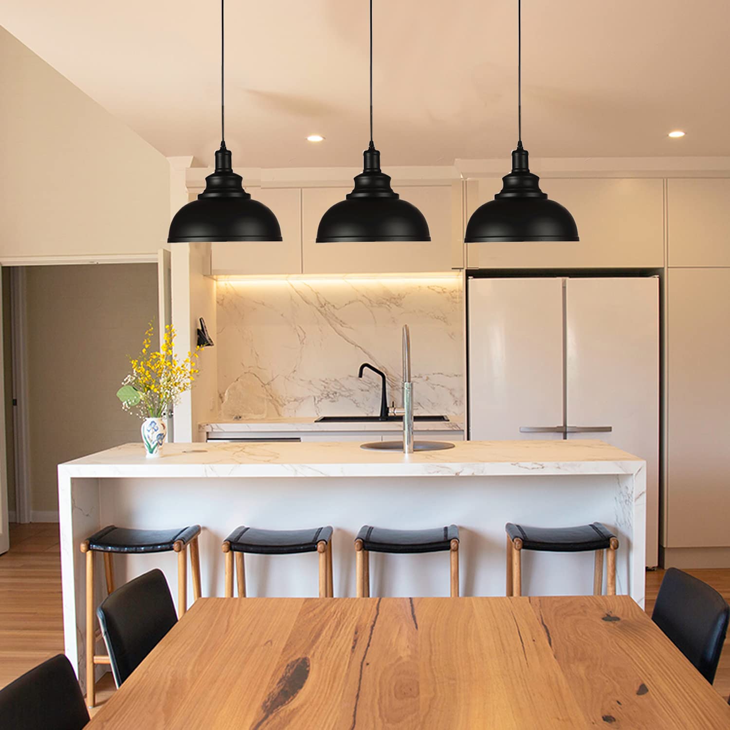 Black Dome Pendant Light Pendant Lights Fixtures Metal Hanging Ceiling Light Industrial Light Fixtures Farmhouse Pendant Light Industrial Light Fixture For Kitchen Island, Dining Room, Foyer (3 Pack)