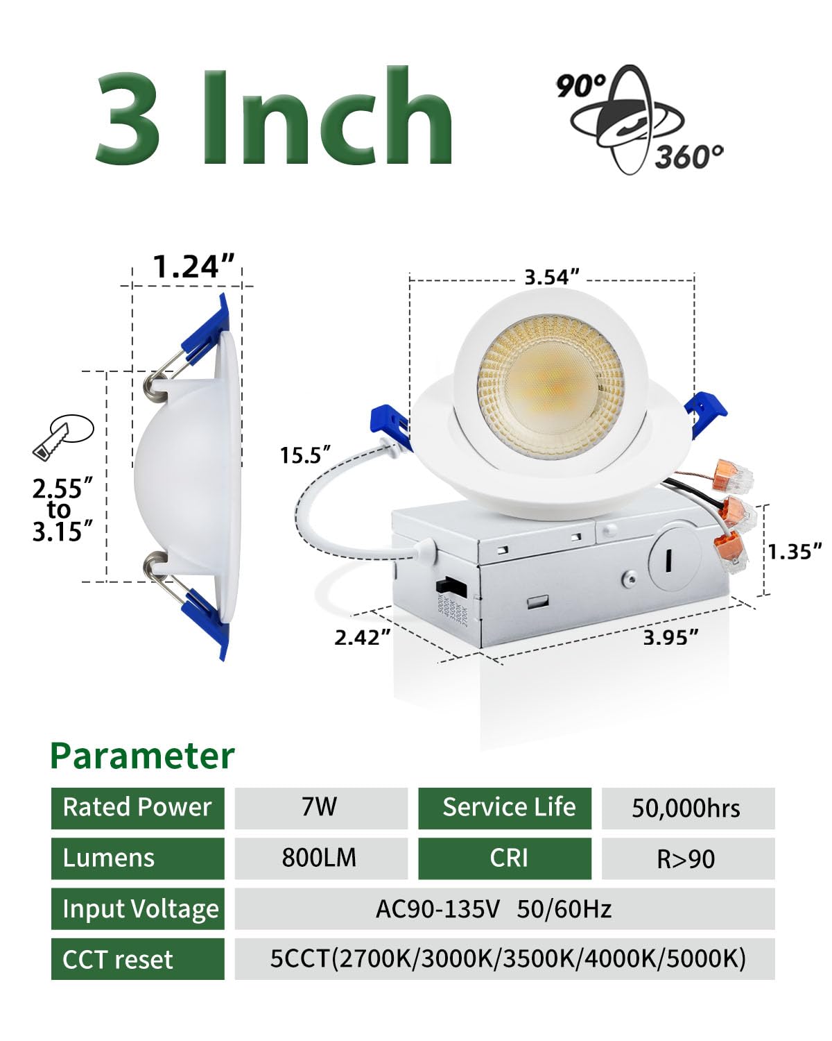 zouzai 3 Inch Gimbal LED Recessed Lighting, 5CCT Selectable, 798LM, Metal, White, Model LBT-3"360°G-07,