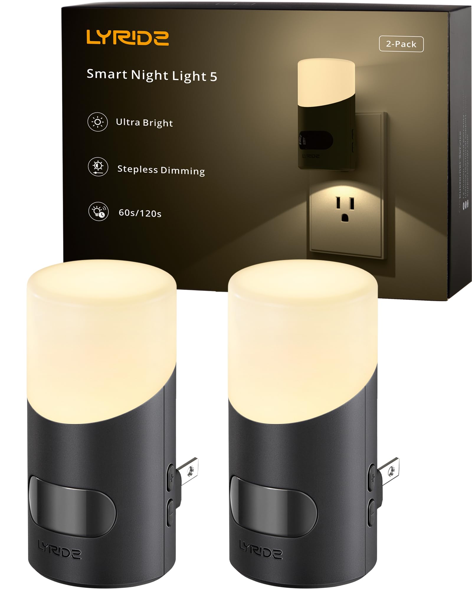 Lyridz LED Night Lights Plug into Wall with Motion Sensor, 1-150LM Dimmable Plug-in Nightlight Indoor for Bedroom, Bathroom, Hallway, Stairs, Pet House, Toilet, 2 Pack