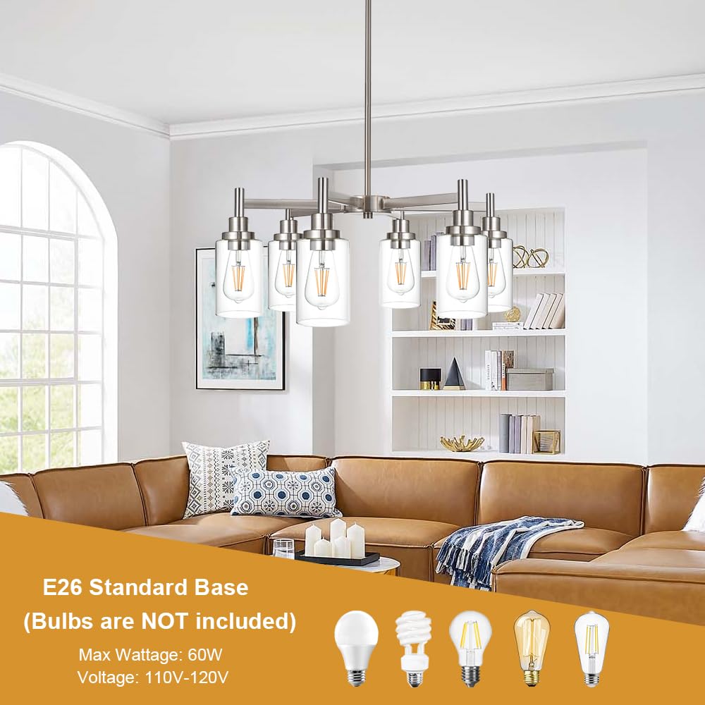 VINLUZ 6 Light Contemporary Chandelier Brushed Nickel Modern Pendant Lighting Cylinder Clear Glass Shaded Classic Ceiling Light