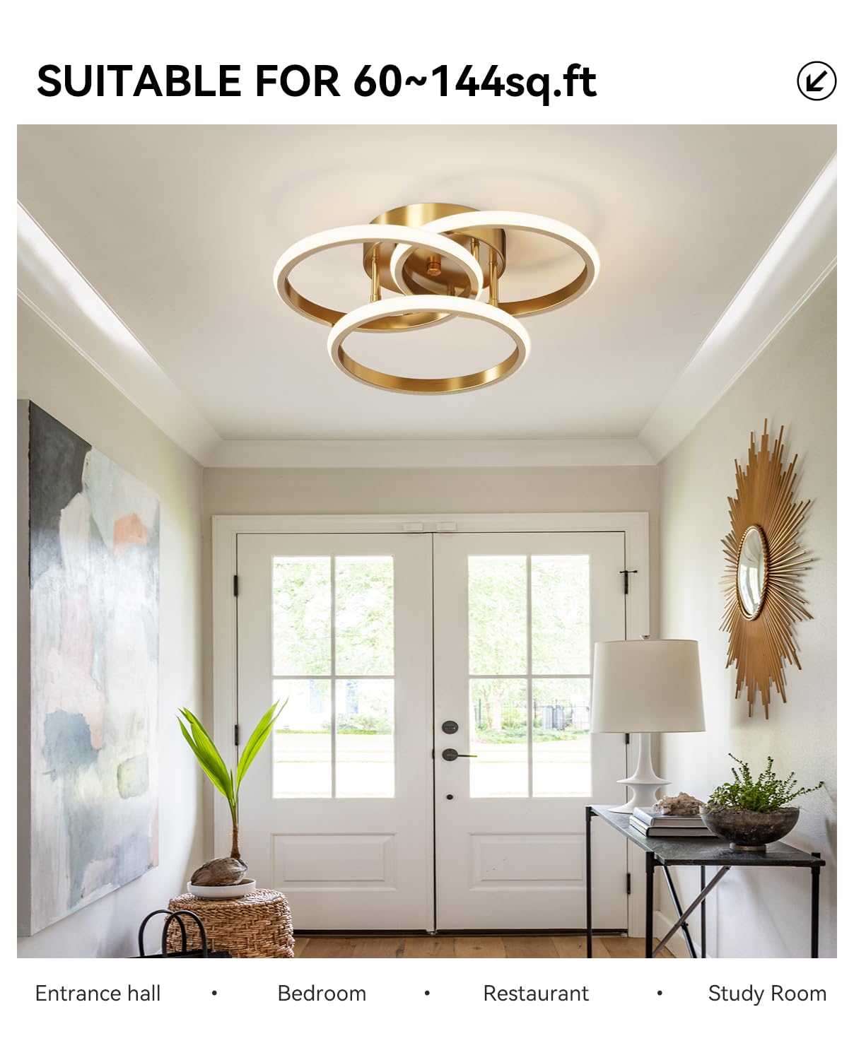 Miss Lighting Dimmable LED Semi Flush Mount Light Fixture, 15in, 3 Ring Gold, Remote Control, Modern Chandelier for Bedroom, Kitchen, Hallways