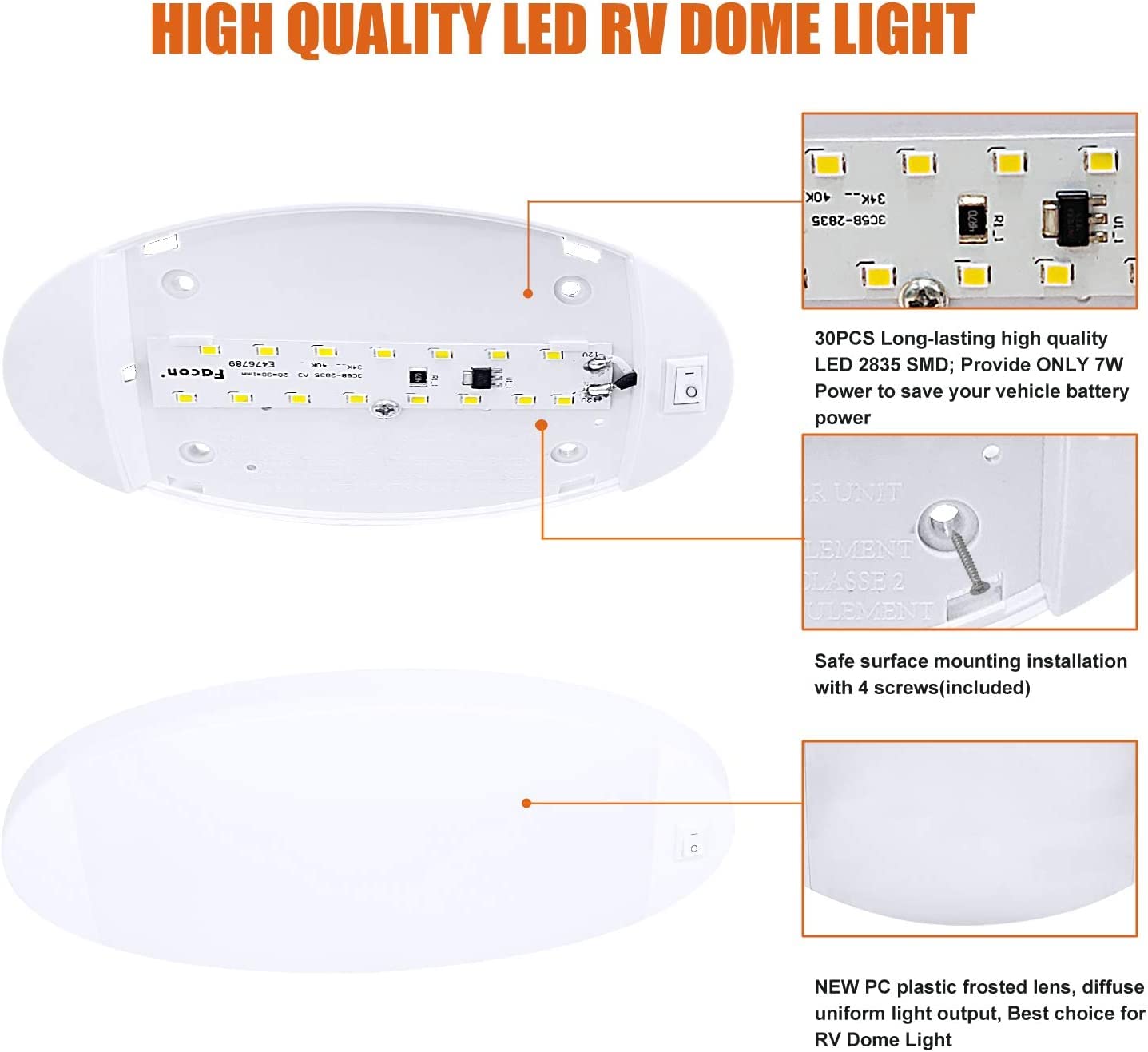 Facon 12V LED RV Dome Light, Large Oval, 9-1/4''x4-1/3''x1'', Cool White, Model DDS01-608-CW,