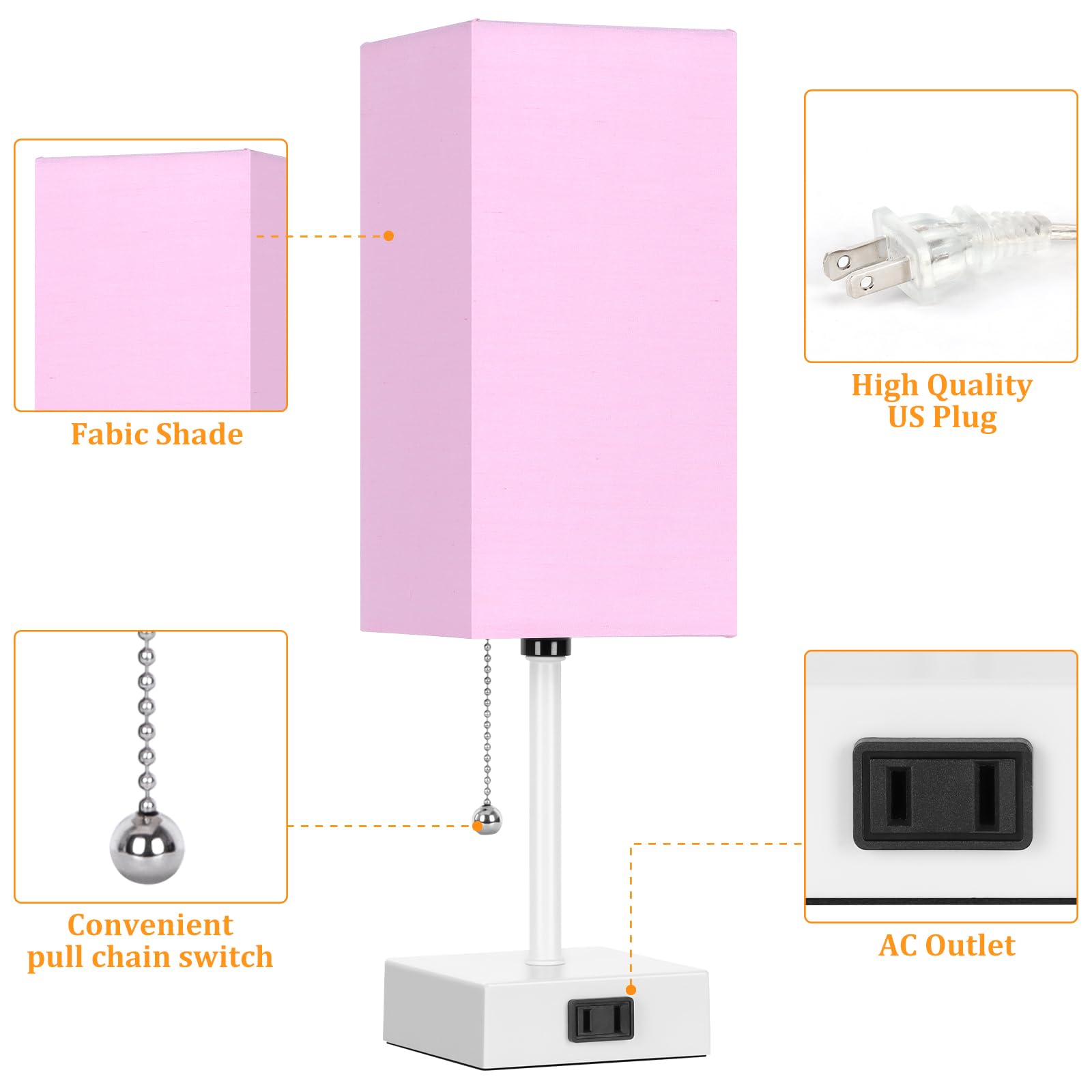 Table Lamp For Bedroom Set Of 2,3-Color Bedside Lamps With Pull Chain Table Lamps For Nightstand With Ac Outlets,Small Night Lig