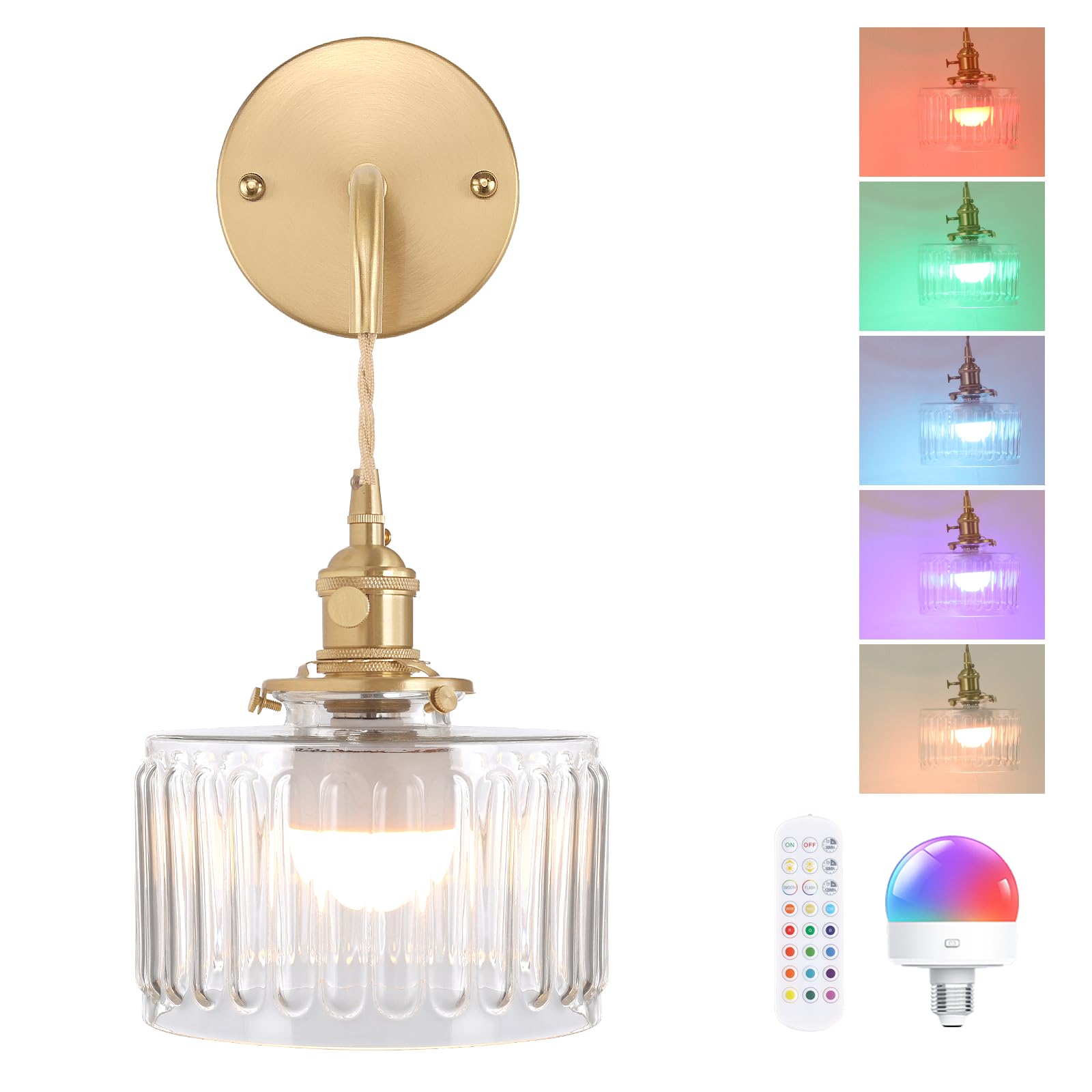 Shenmoyl Battery Operated Wall Sconce, Brass with Clear Striped Shade, Adjustable Chain, Modern Design, Model 1-938