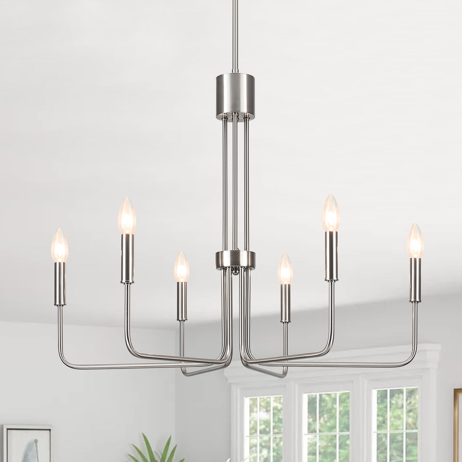 Zjvaive Dining Room Chandeliers 6-Light Brushed Nickel Chandeliers Modern Farmhouse Hang Light Fixture For Kitchen Living Room E
