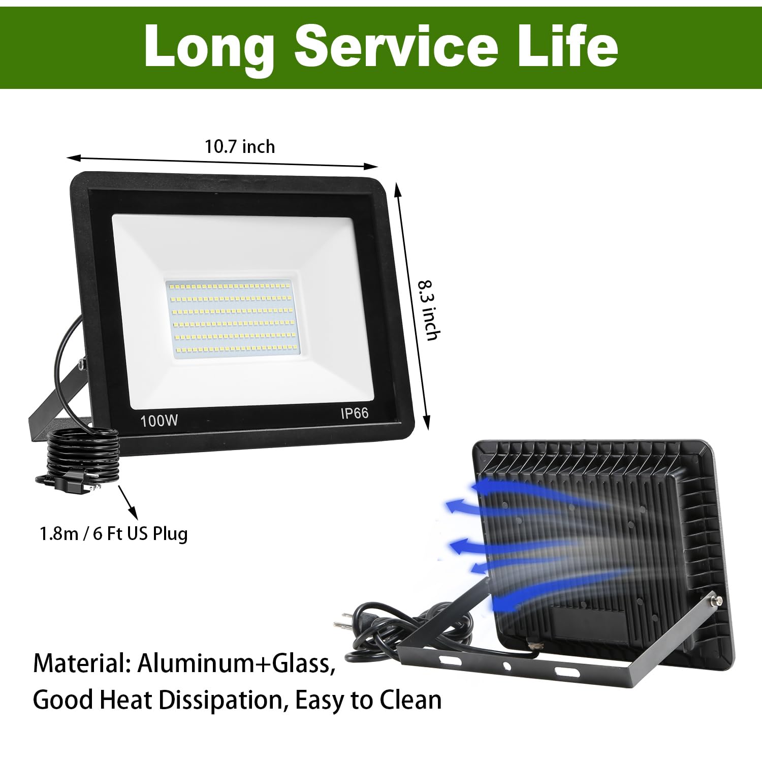 QIYEKA 100W LED Flood Light - 4 Pack, 10000LM, IP66 Waterproof, 6000K Daylight White, Black, Model QW-FLD for Outdoor Security