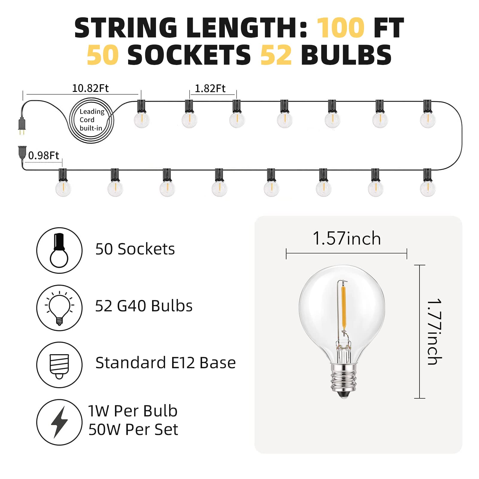 Rtty 100Ft Outdoor String Lights - Warm White G40 Led Patio Lights With 52 Waterproof Bulbs
