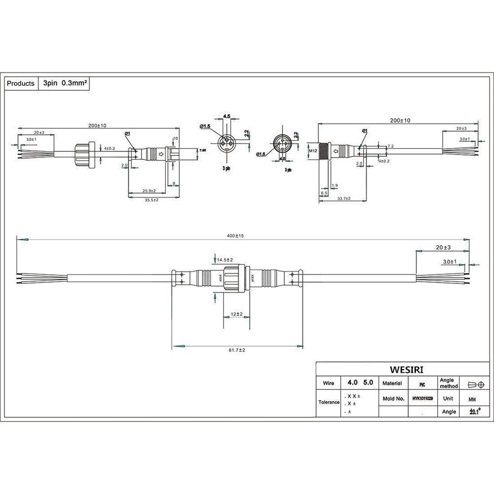 WESIRI 5Pairs 3 Core 3pin Black Pigtail Plastics Waterproof IP65 LED Connector Male Female 40cm/Pair Applicable 0.3mm 15mm Nut f