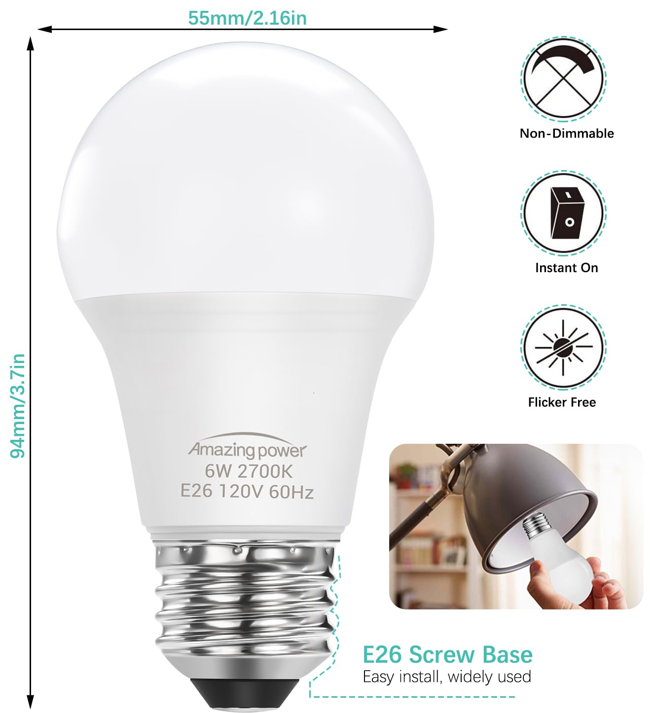 Amazing Power E26 Led Bulb, 40W Equivalent Medium Base Light Bulb, Non-Dimmable, Soft White 2700K, 6W E26 Led Light Bulbs For Ho