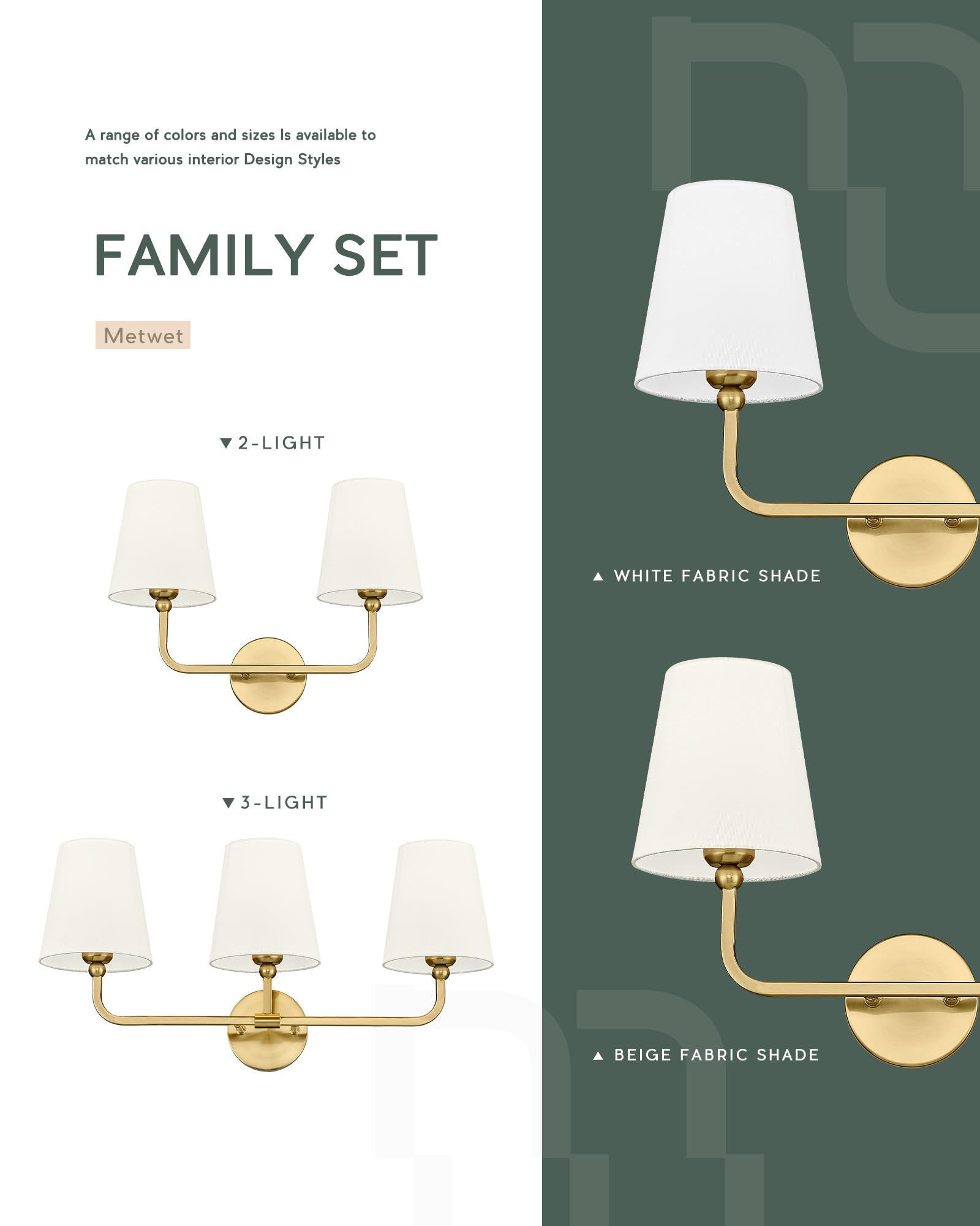 METWET 3-Light Bathroom Light Fixtures, Brushed Gold Vanity Sconces with Beige Fabric Shade, Model VL837-BG-B-3
