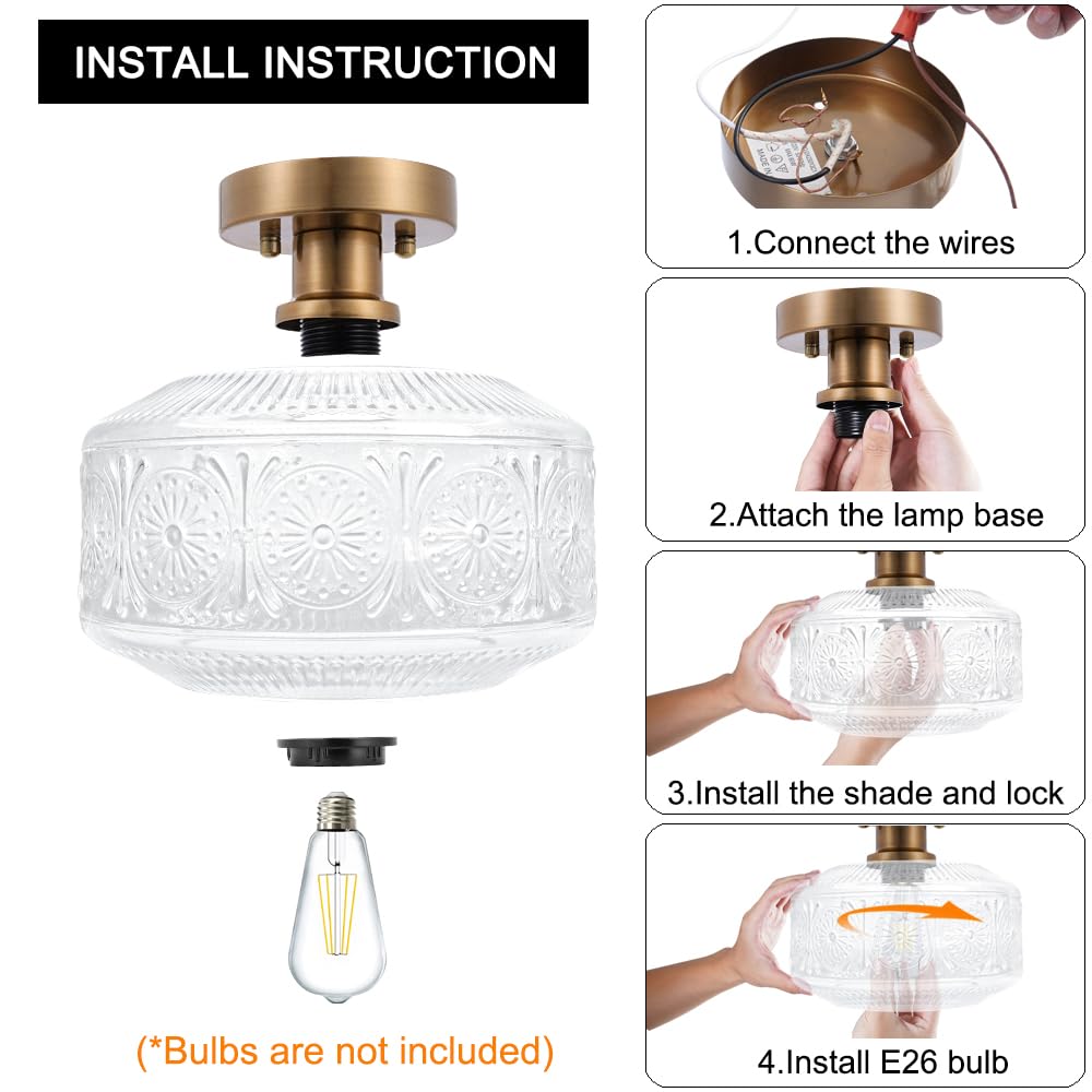 DSMJFU Semi Flush Mount Ceiling Light, Vintage Brass Light Fixture, Thickened Glass, Model DX23013C1N, Gold, for Entry Way, Bedroom, Bathroom