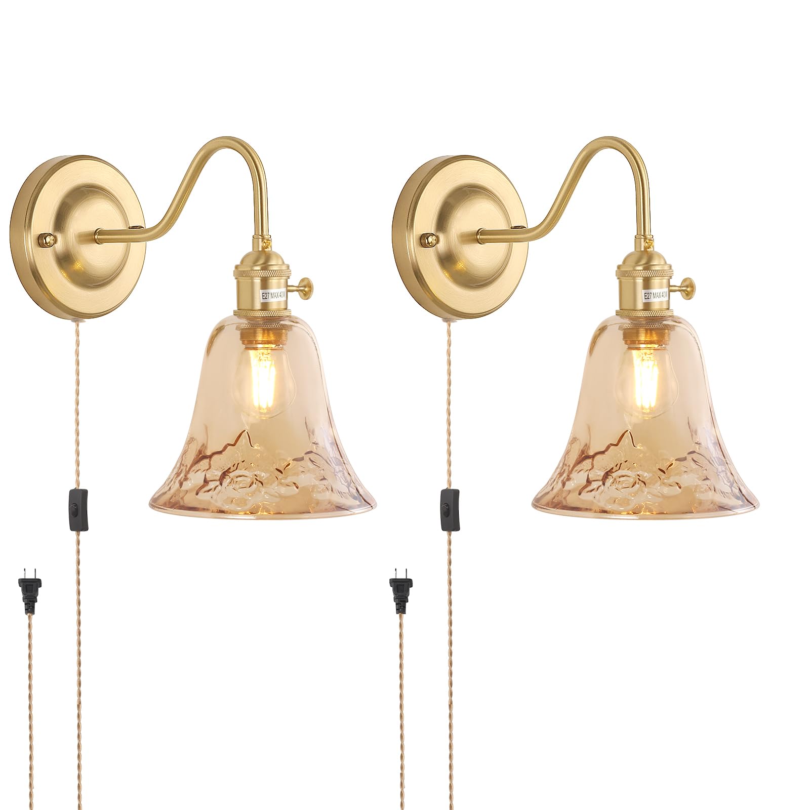Shenmoyl Wall Sconce Set of 2, Brass Plug-in Lights, Amber Morning Glory Glass Shade, Model 1-93726-wlamp