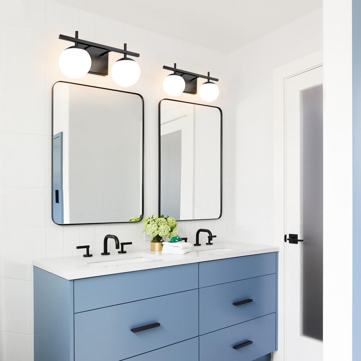 Zsmihdoh 2-Light Black Bathroom Vanity Light, Mid Century Modern Globe Fixtures With Milky Glass