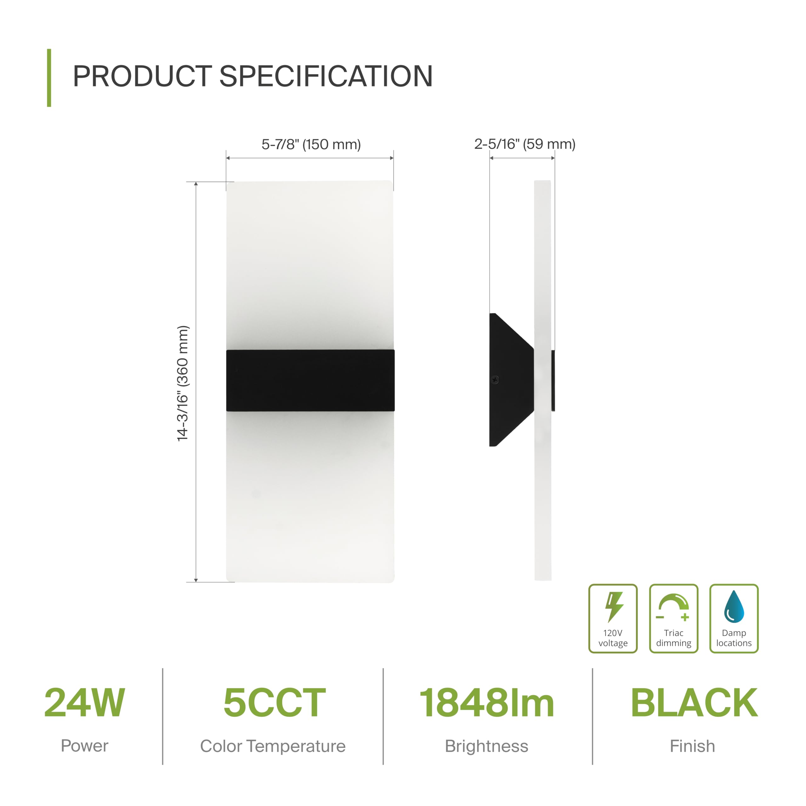 ASD LED Wall Sconce - 14 Inch, Dimmable, Adjustable 2700K-5000K, Matte Black, Durable Alloy Aluminum, Model A-LWS12-14D24