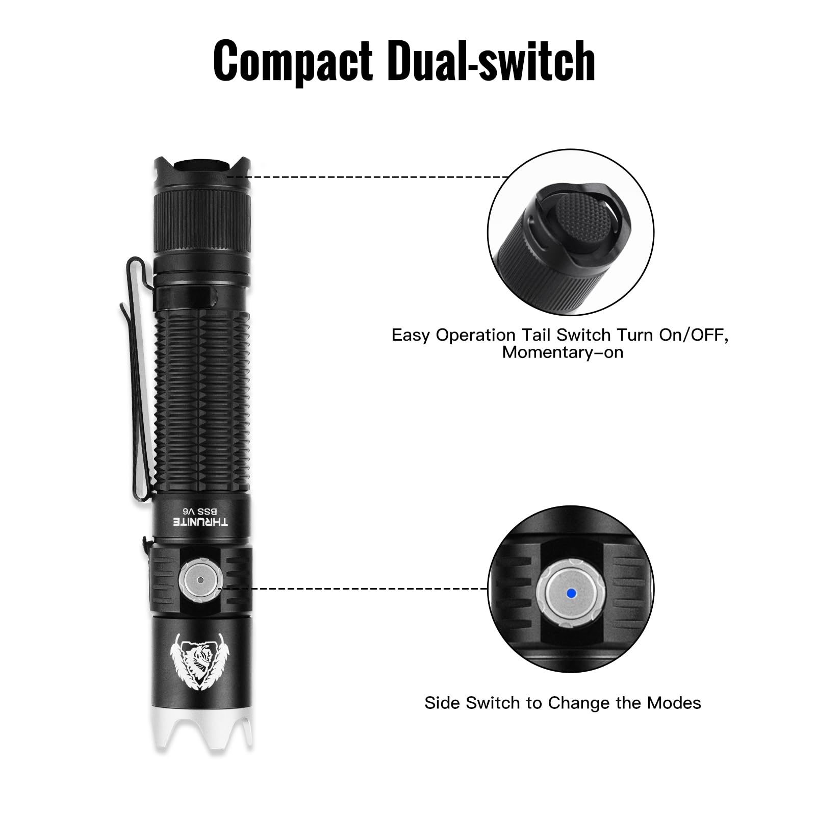 ThruNite BSS V6 Black EDC Flashlight, 2000 Lumens, USB-C Rechargeable, Aluminum, Pocket Size, Black CW