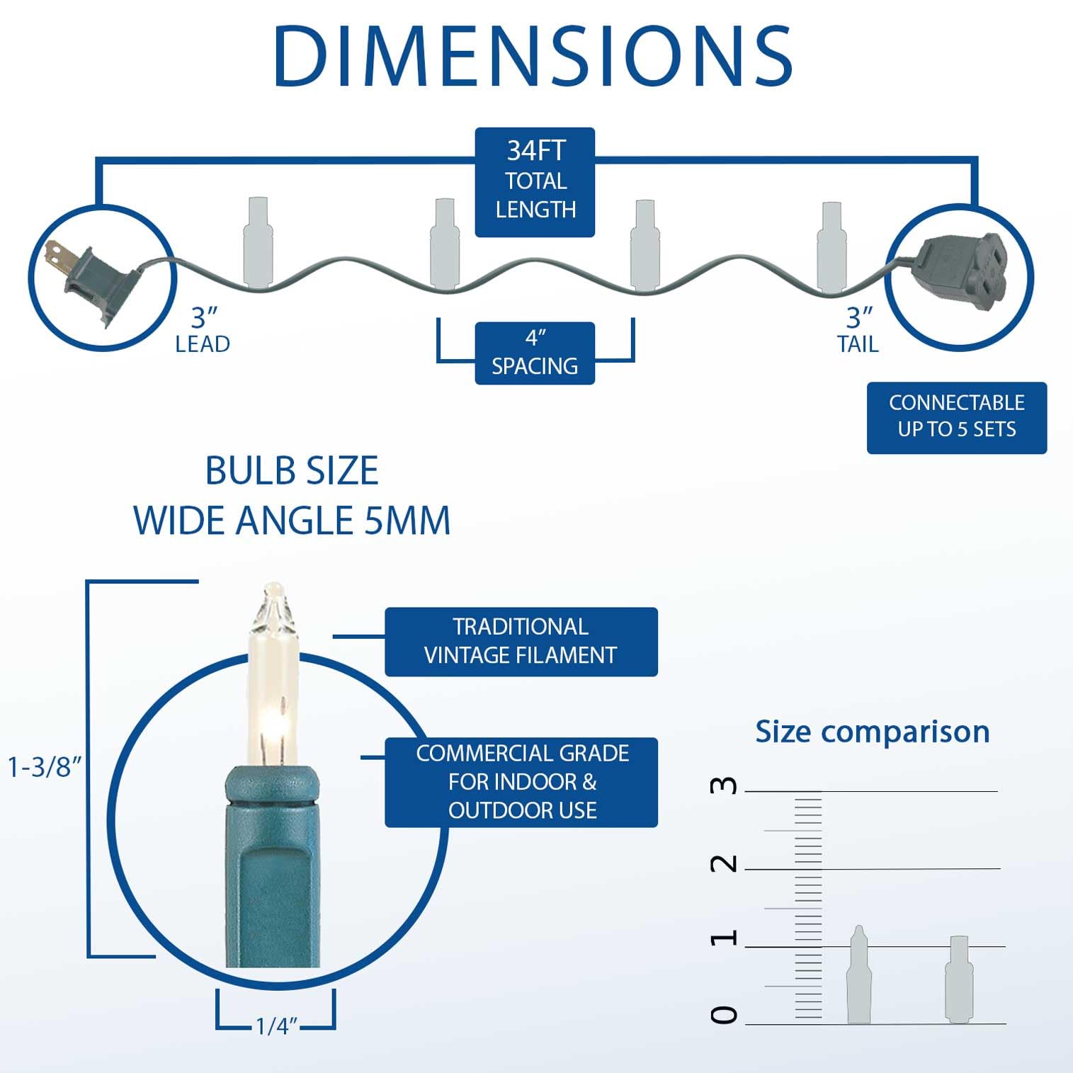 Novelty Lights 34 Feet 100 Bulbs Traditional Incandescent Mini Lights, Clear On Green Wire With 4 Spacing, Commercial Grade And