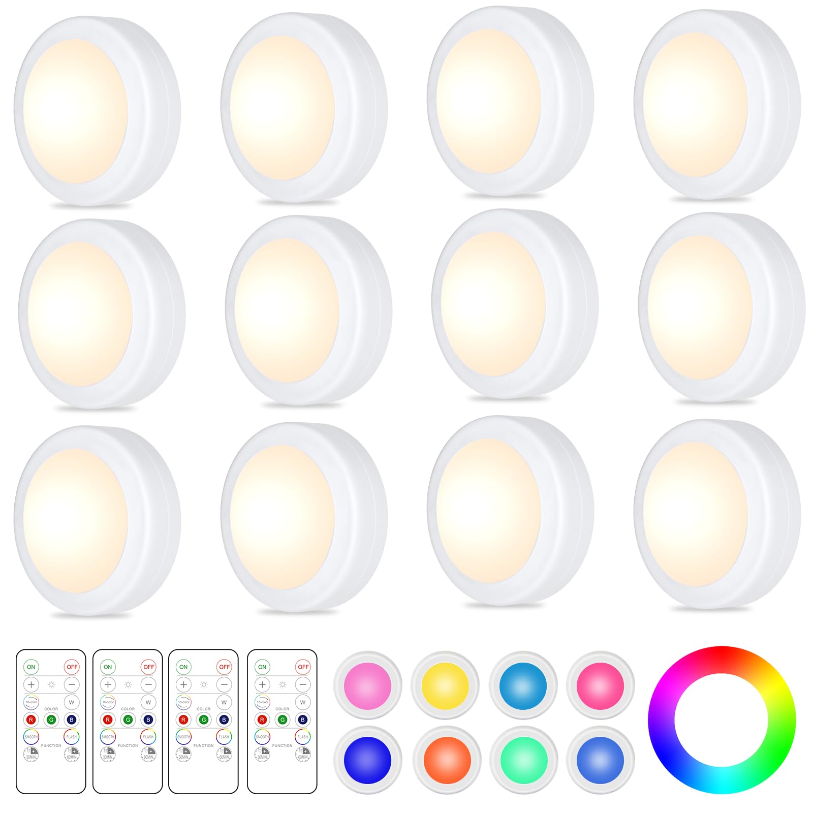 Yiliaw LED Puck Lights, Remote Control, 16 Color Changeable, 12 Packs, White, Battery Operated, for Closet, Bedroom, Kitchen