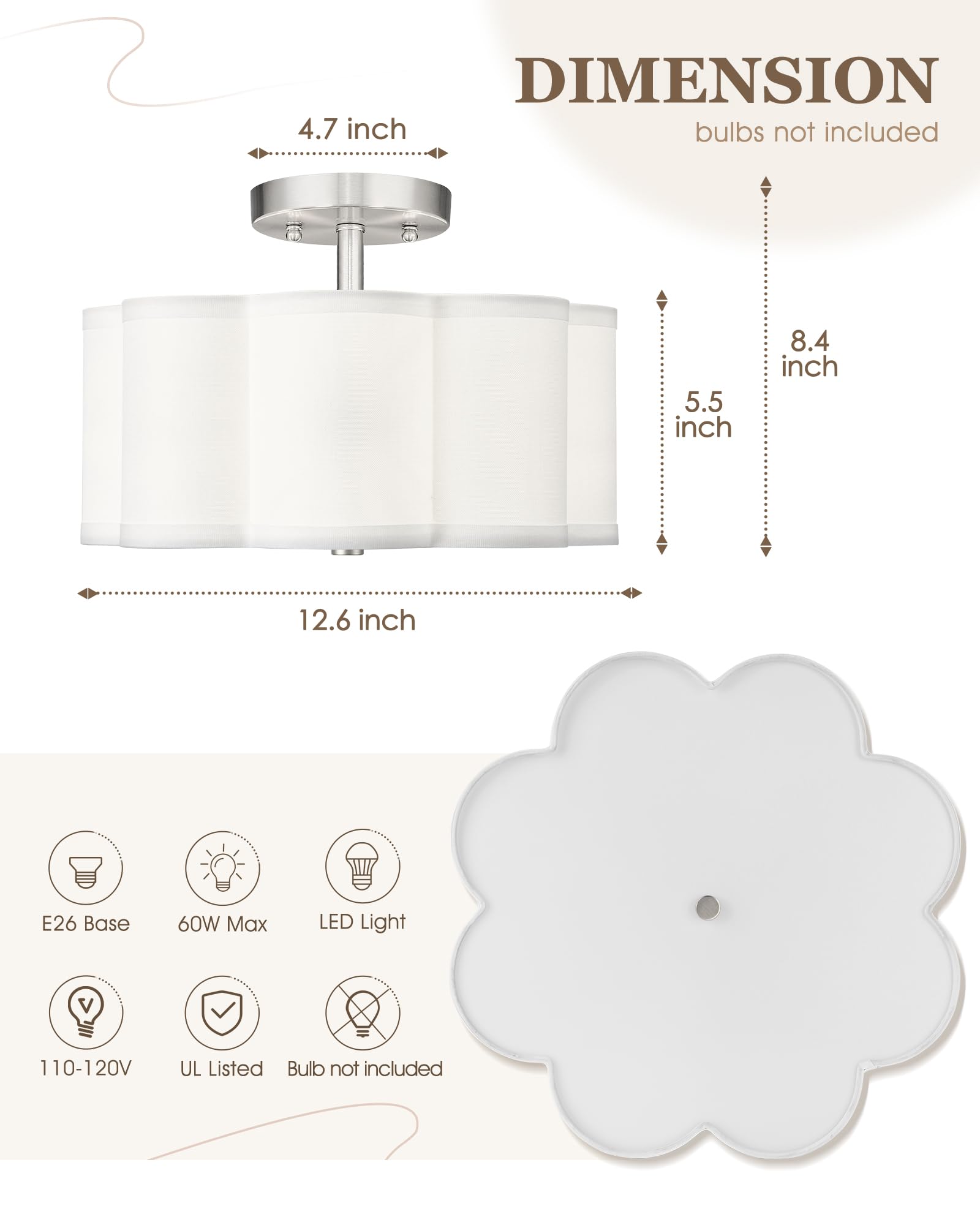 Audickic Semi Flush Mount Ceiling Light, 3-Light 13'' Ceiling Light Fixtures With Fabric Shade In Flower Shape, Brushed Nickel C