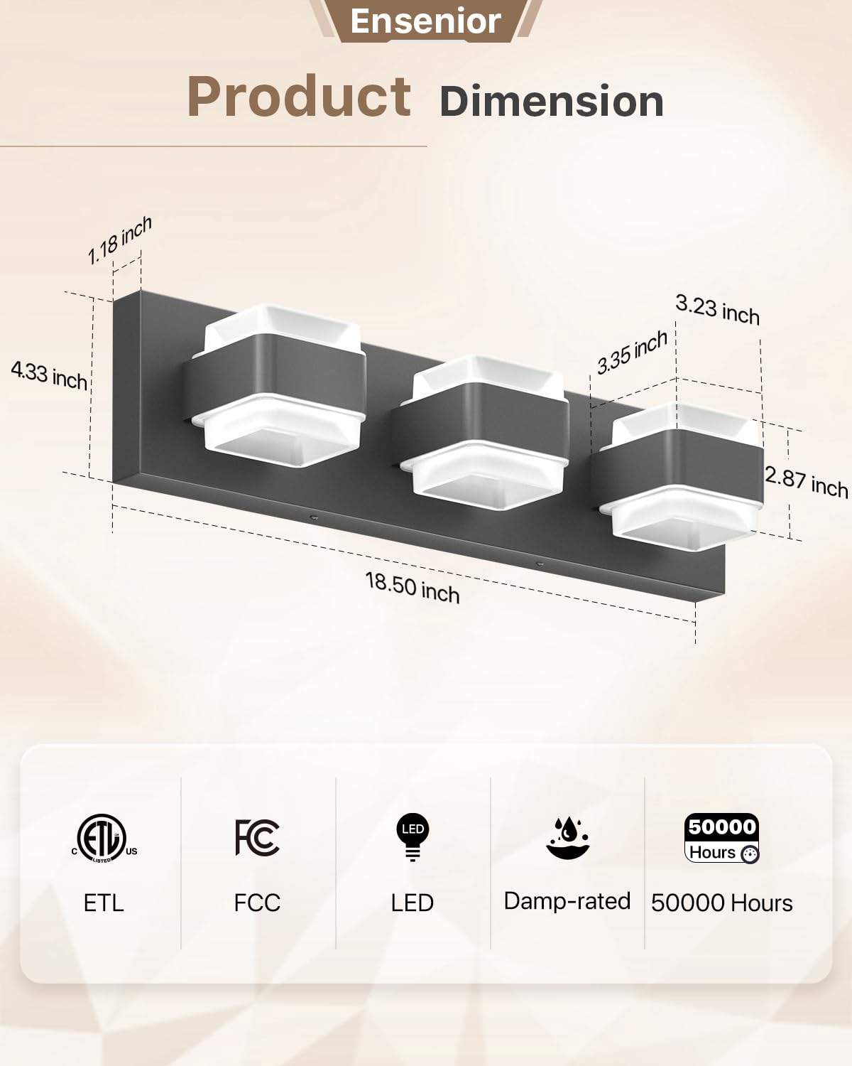 Ensenior 3-Light Modern Dimmable Bathroom Vanity Light, Black Acrylic, 5000K Daylight