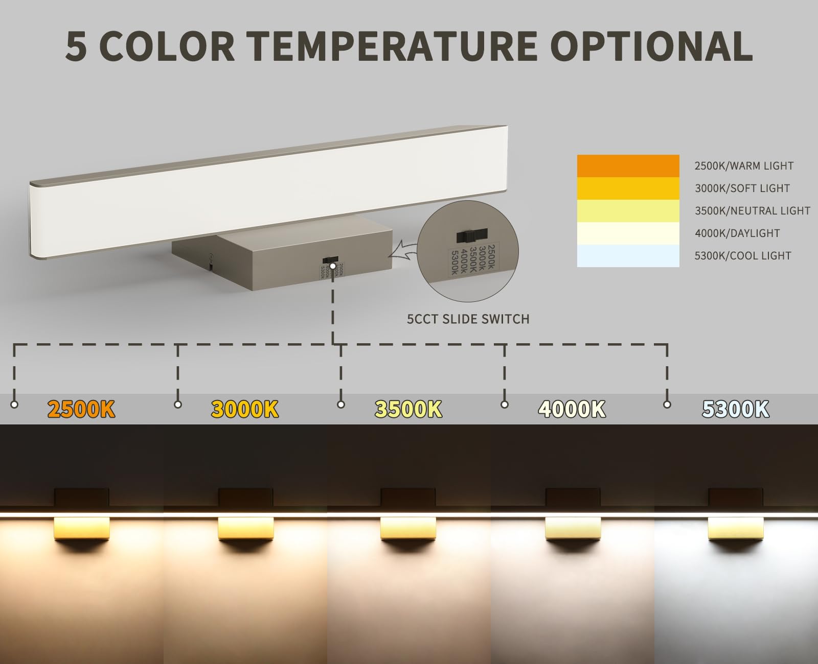 JUSHENG Brushed Nickel Vanity Light Bar 16W Dimmable 16'' Acrylic Model 6330 ETL Certified