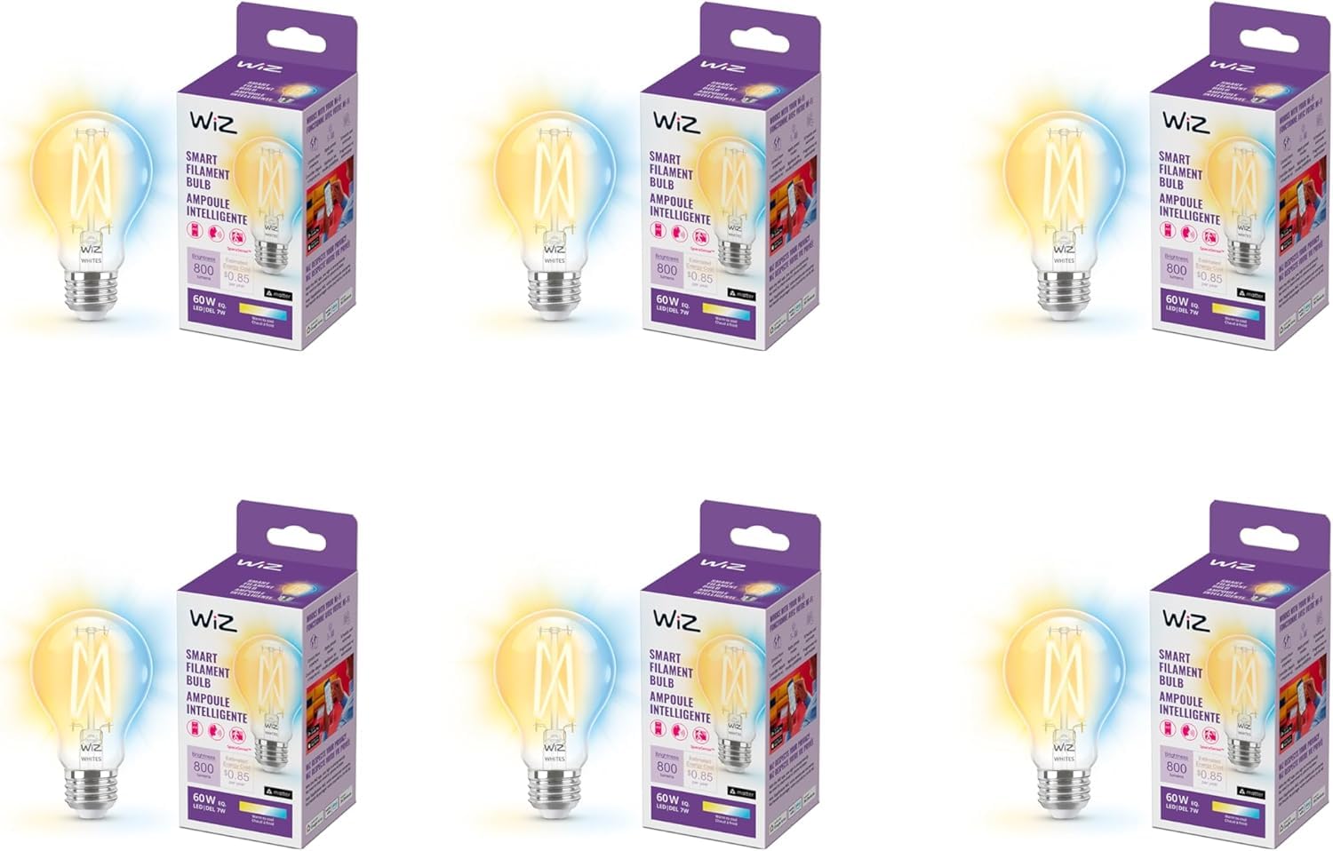 WiZ Connected Clear 60W A19 Tunable White Filament LED Smart Bulb - Pack of 6 - E26 - Indoor - Wi-Fi - Voice/App Control + Motio
