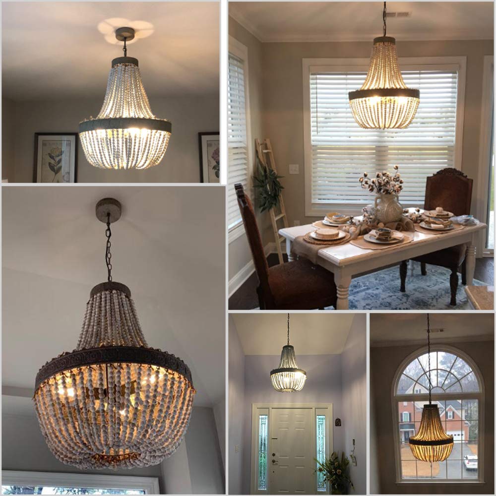 Newrays Wood Beaded Chandelier Pendant Light - 3 Lights, Gray White Finish, 18.52" x 21.3", Retro Vintage Rustic Ceiling Lamp