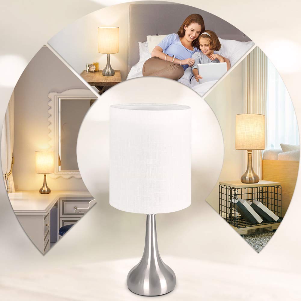 Boncoo Touch Control Table Lamp, 3-Way Dimmable, Small 1 Pack, Silver Metal Base, White Lampshade, Model TC-Touch, A19 9W Bul
