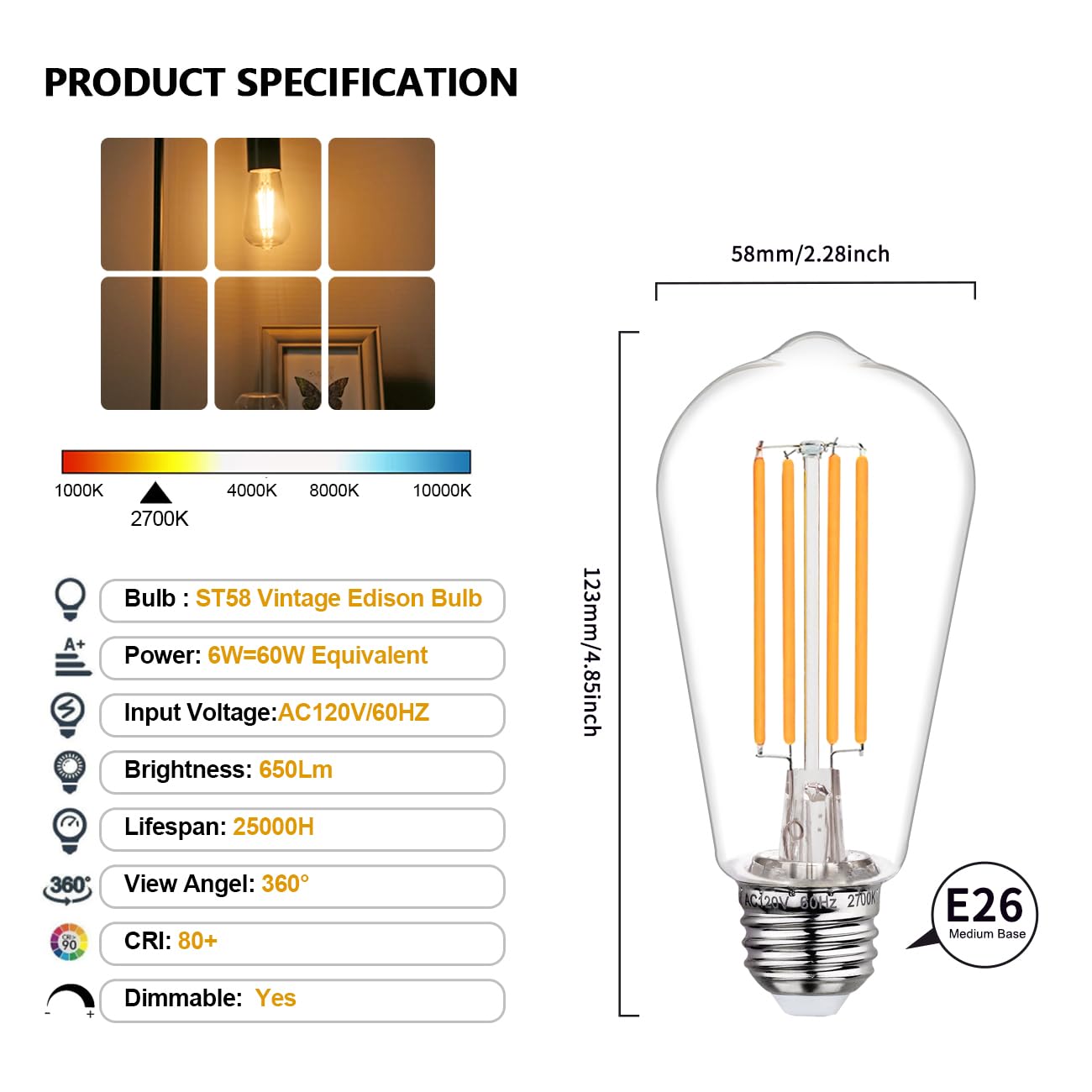 4Pack St58/St19 Vintage Led Edison Bulbs, Warm White 2700K, 6W Equivalent 60W Led Filament Light Bulbs, Dimmable 700Lm, E26 Deco