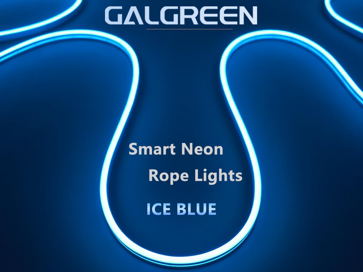 Galgreen Neon Rope Lights, 16.4ft Waterproof LED Strip, Dimmable Remote, Ice Blue, Model AG002