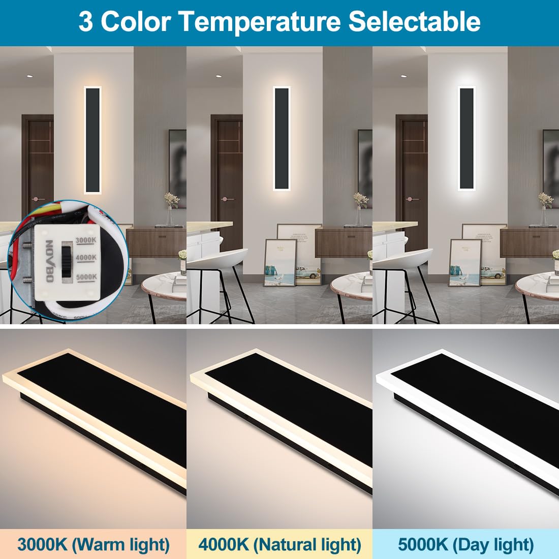 Xbuyee 36" Modern Outdoor Wall Light - Dimmable 30W, IP65 Waterproof, Black, 3000/4000/5000K Selectable, ETL Listed