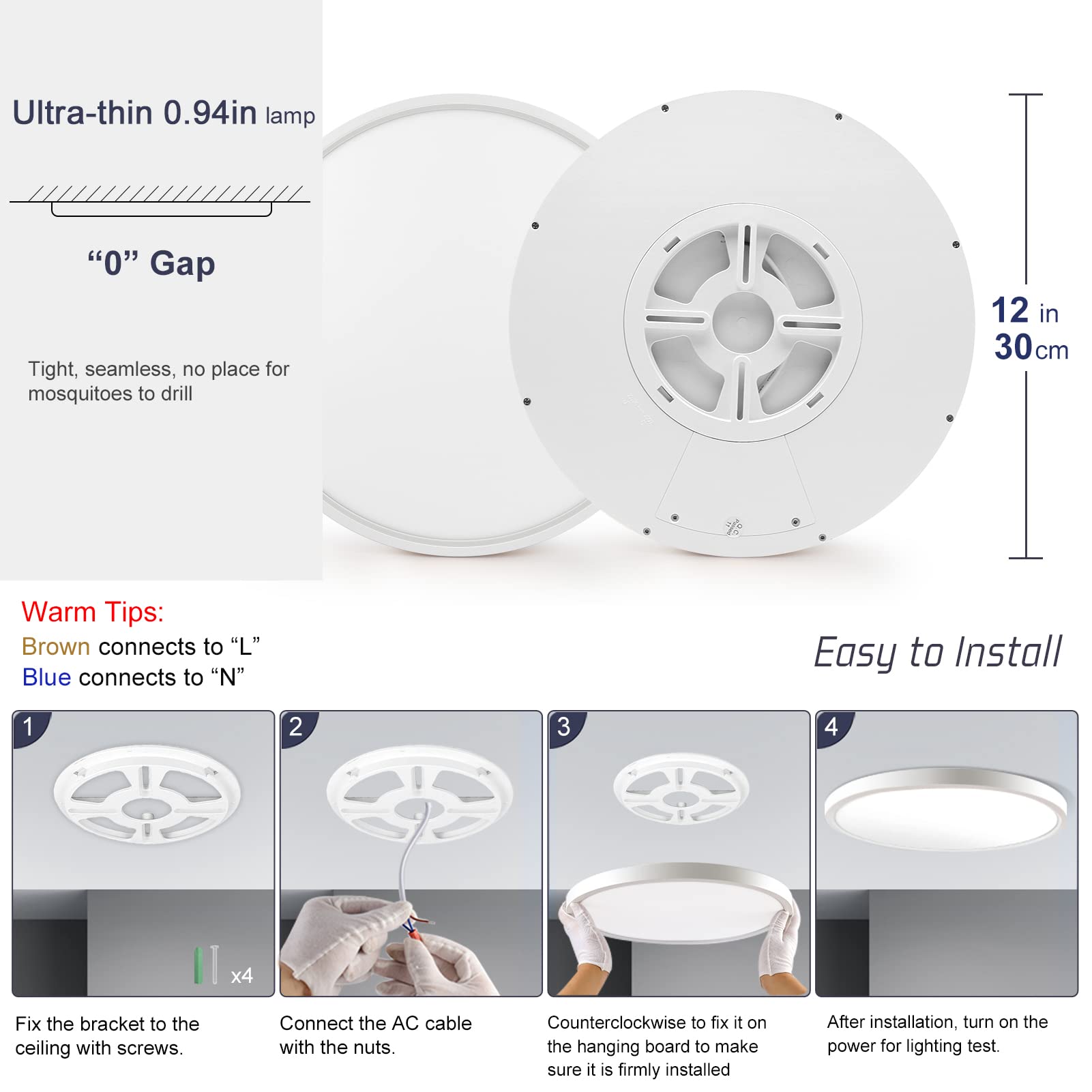 Lightingwill 12 Inch Led Flush Mount Ceiling Light Fixture, 6000K Cool White, 3200Lm, 24W, Flat Modern Round Lighting Fixture, 2