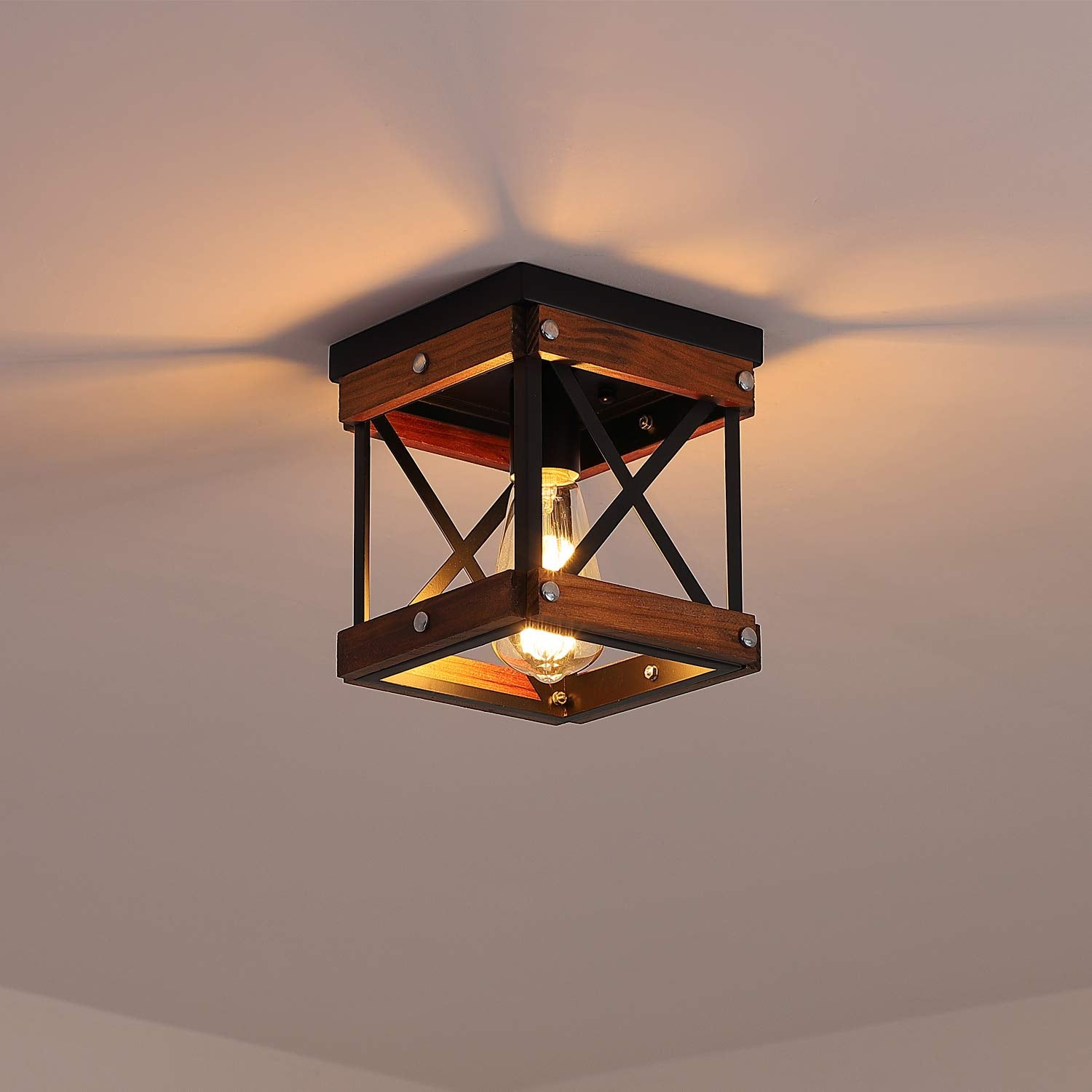Fivess Lighting Rustic Farmhouse Flush Mount Ceiling Light 1-Light Wood and Metal, Black, Model fss6103-1