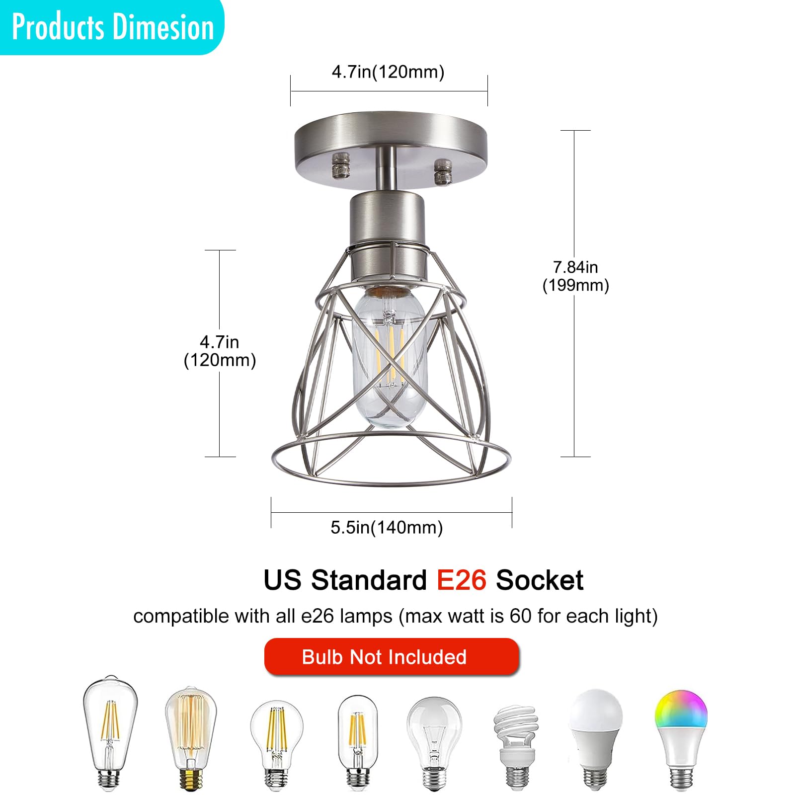 Hdasic 1 Light Semi Flush Mount Ceiling Light Fixture, Rustic Modern Framhouse Brushed Nickel Kitchen Ceiling Light With Metal C