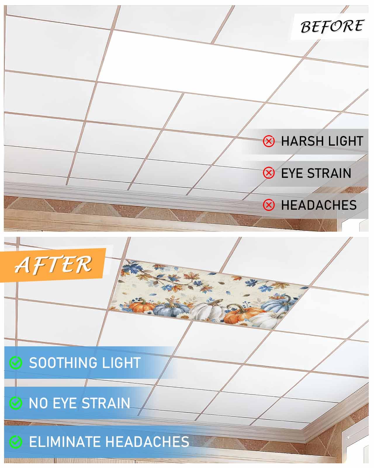 Fall Fluorescent Light Covers For Ceiling Lights Autumn Maple Leaves Magnetic Light Filters 2 Pack 4X2 Ft Floral Orange Blue Pumpkin Thanksgiving Ceiling Lights Cover For Classroom Office Drop Lamp